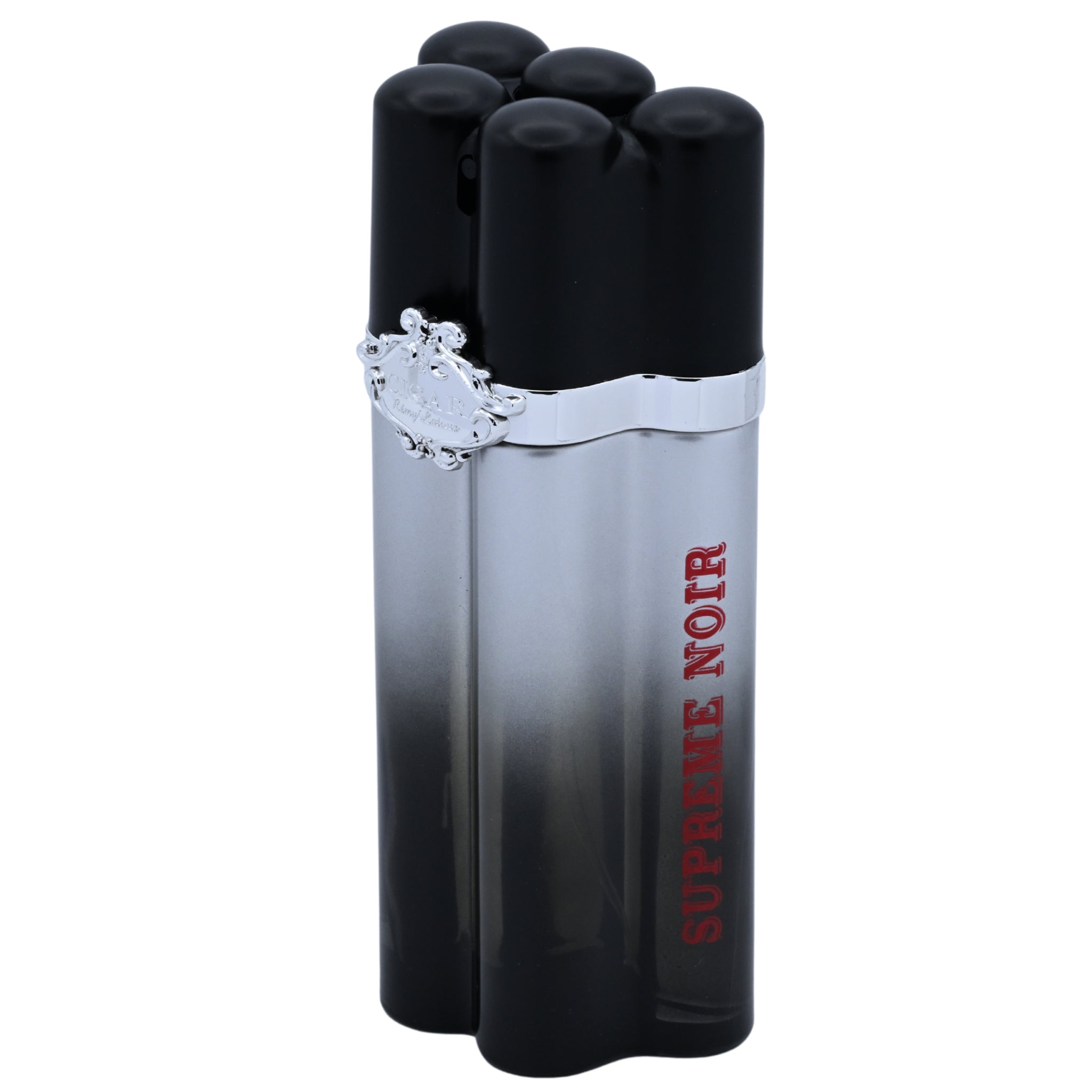 Cigar-themed perfume bottle with 'Supreme Noir' branding on a white background