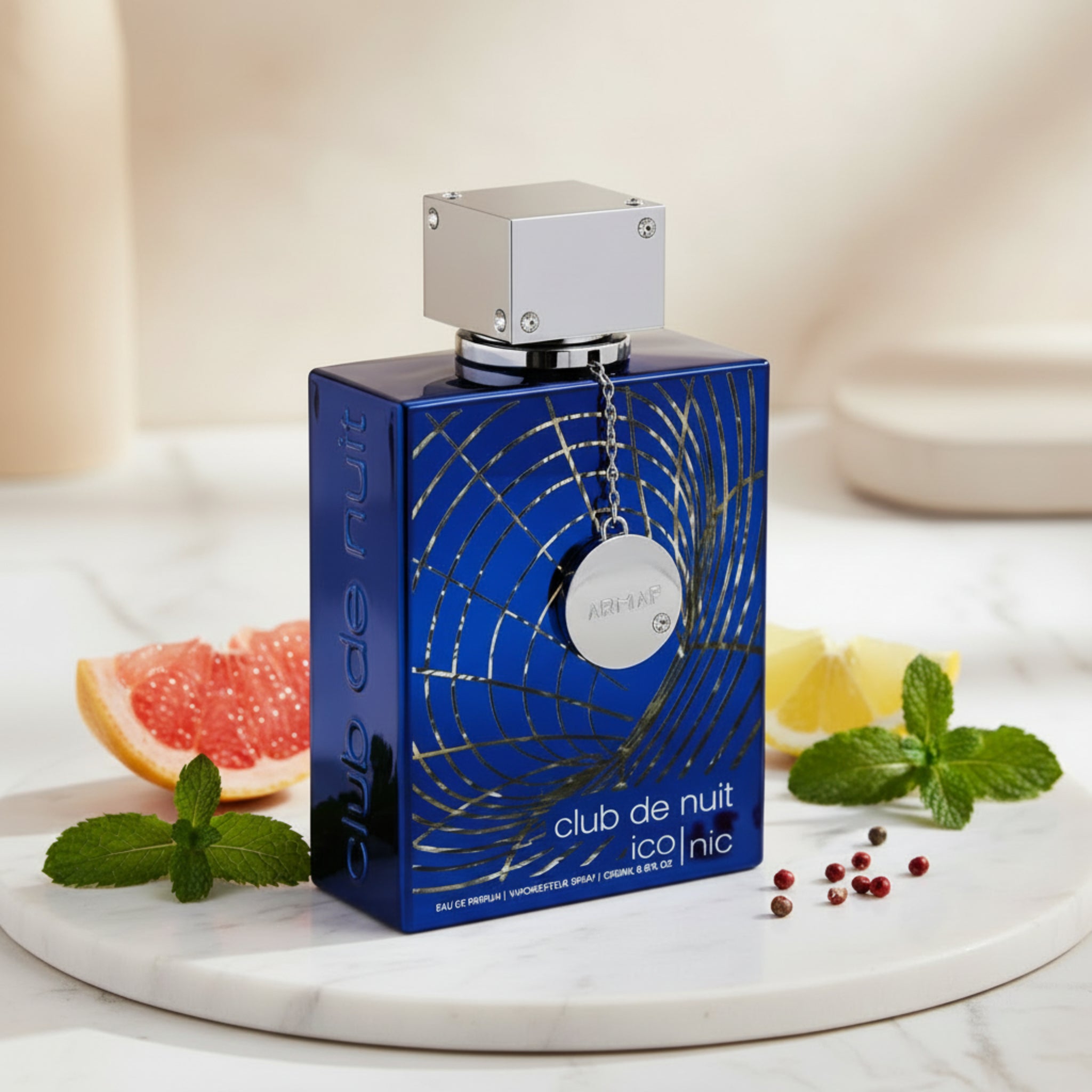 Blue Armaf Club de Nuit cologne bottle on a white background