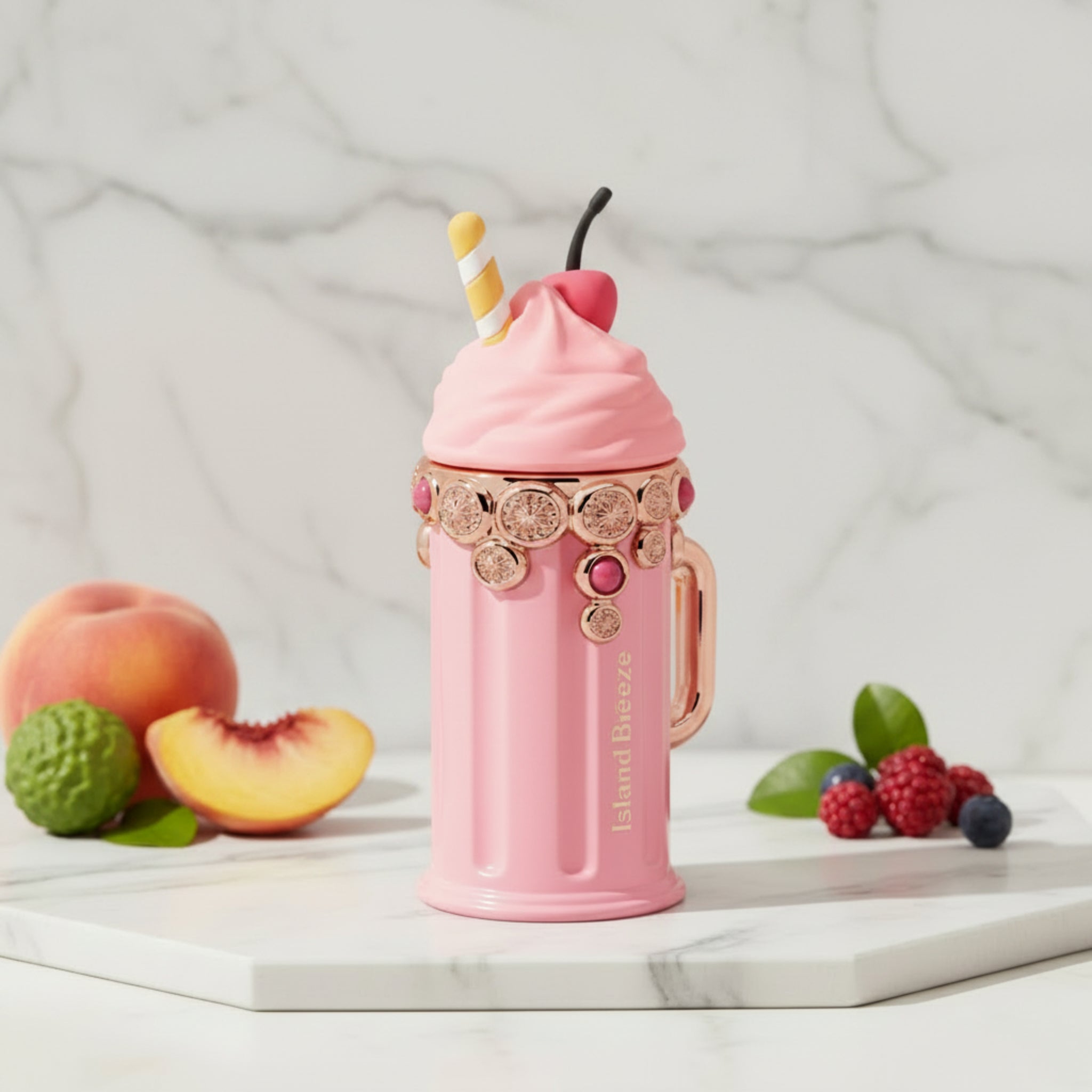 Pink dessert-shaped perfume bottle with 'Island Breeze' label packaging on a white background