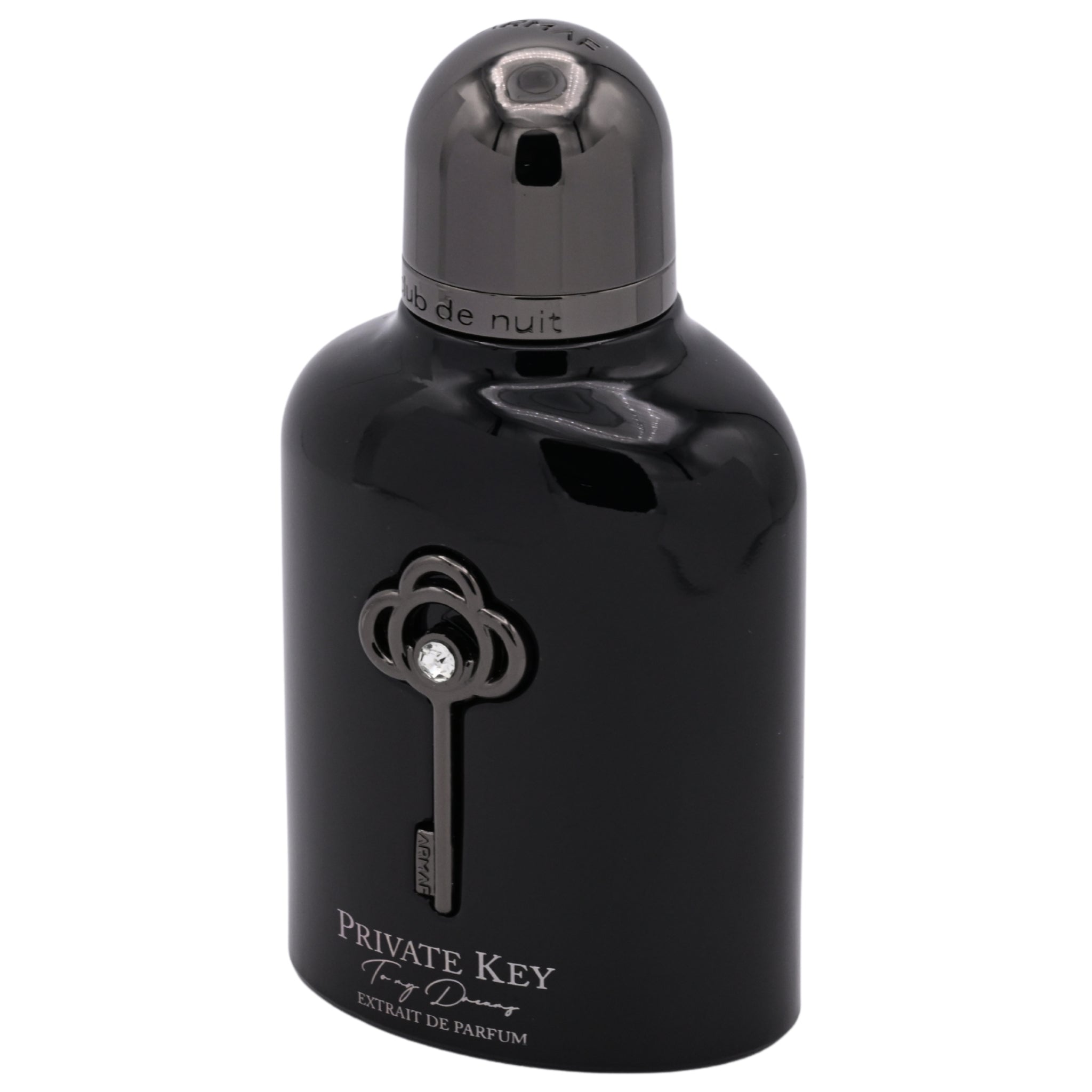 Black perfume bottle with key design on a white background