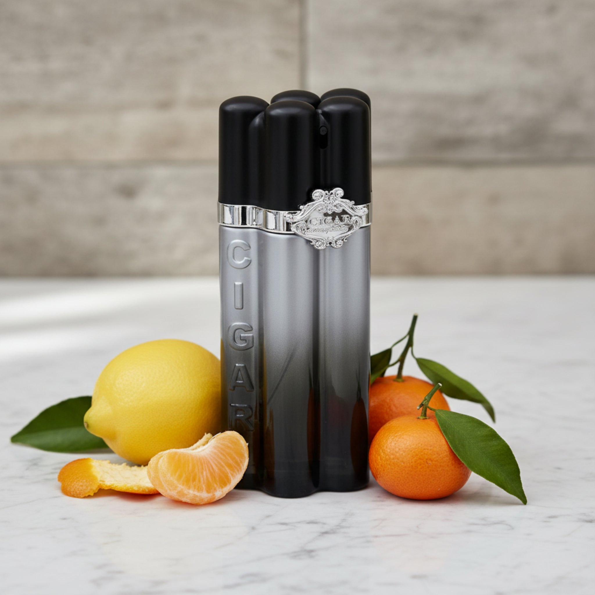 Cigar-themed perfume bottle surrounded by fruits on a marble surface