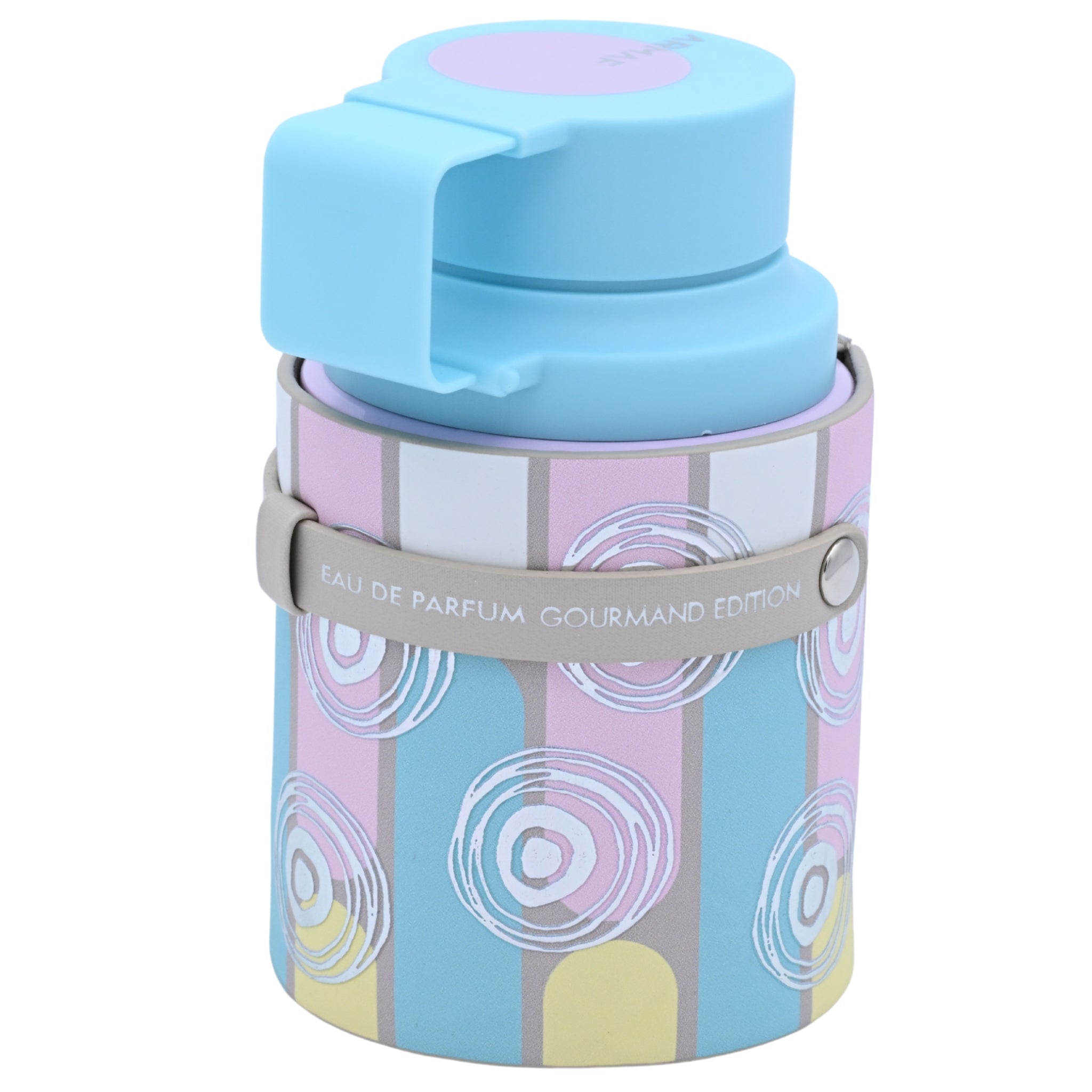 Small cylindrical container with a blue lid and pastel pattern on a white background