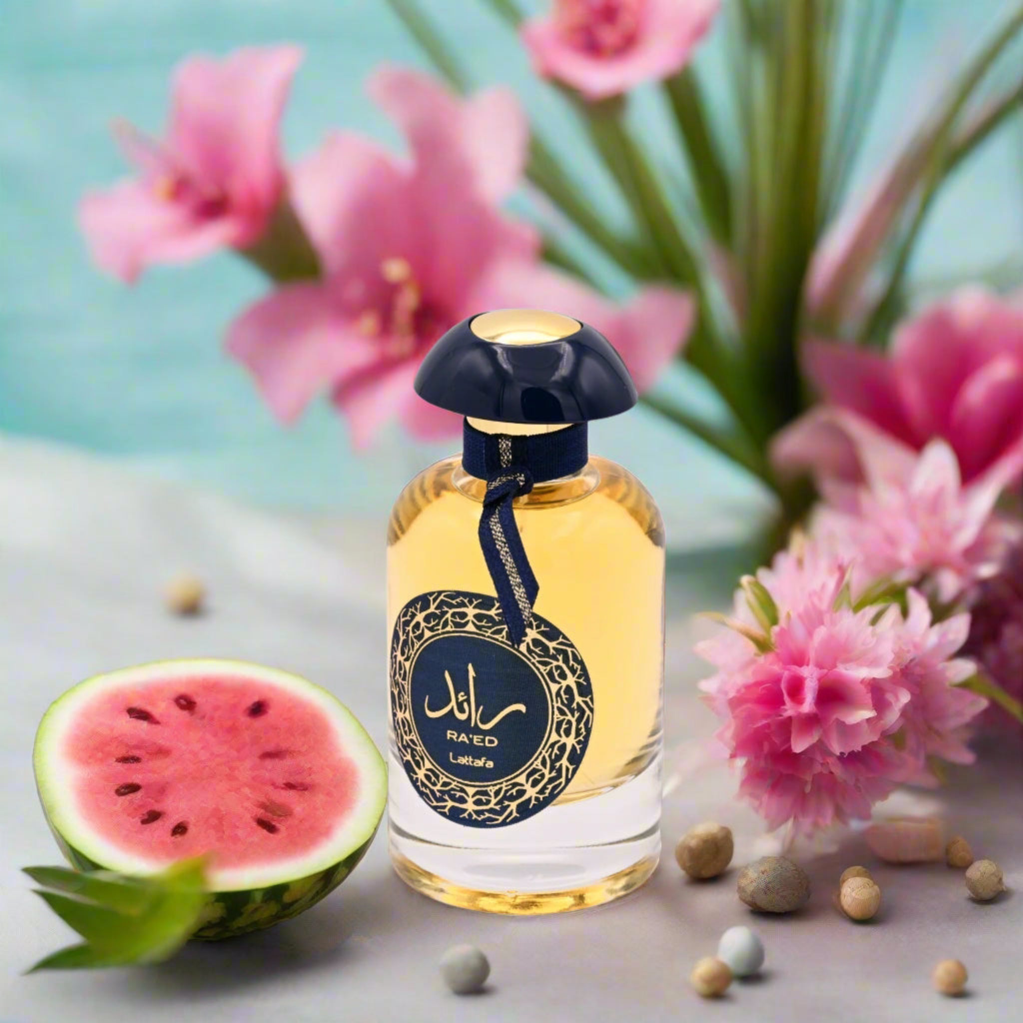 Perfume bottle with watermelon and flowers on a light background