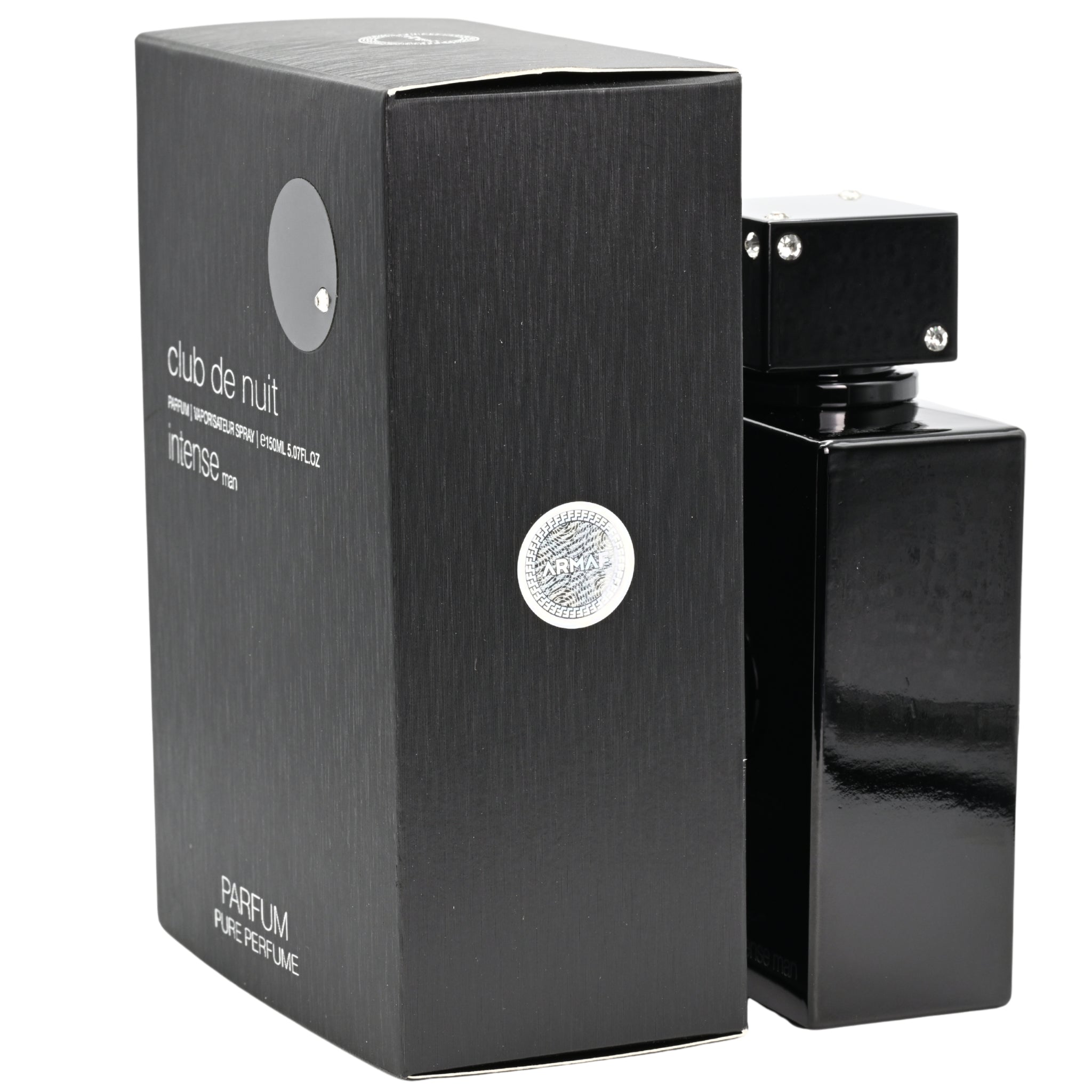 Black perfume bottle and packaging with 'club de nuit' branding on a white background