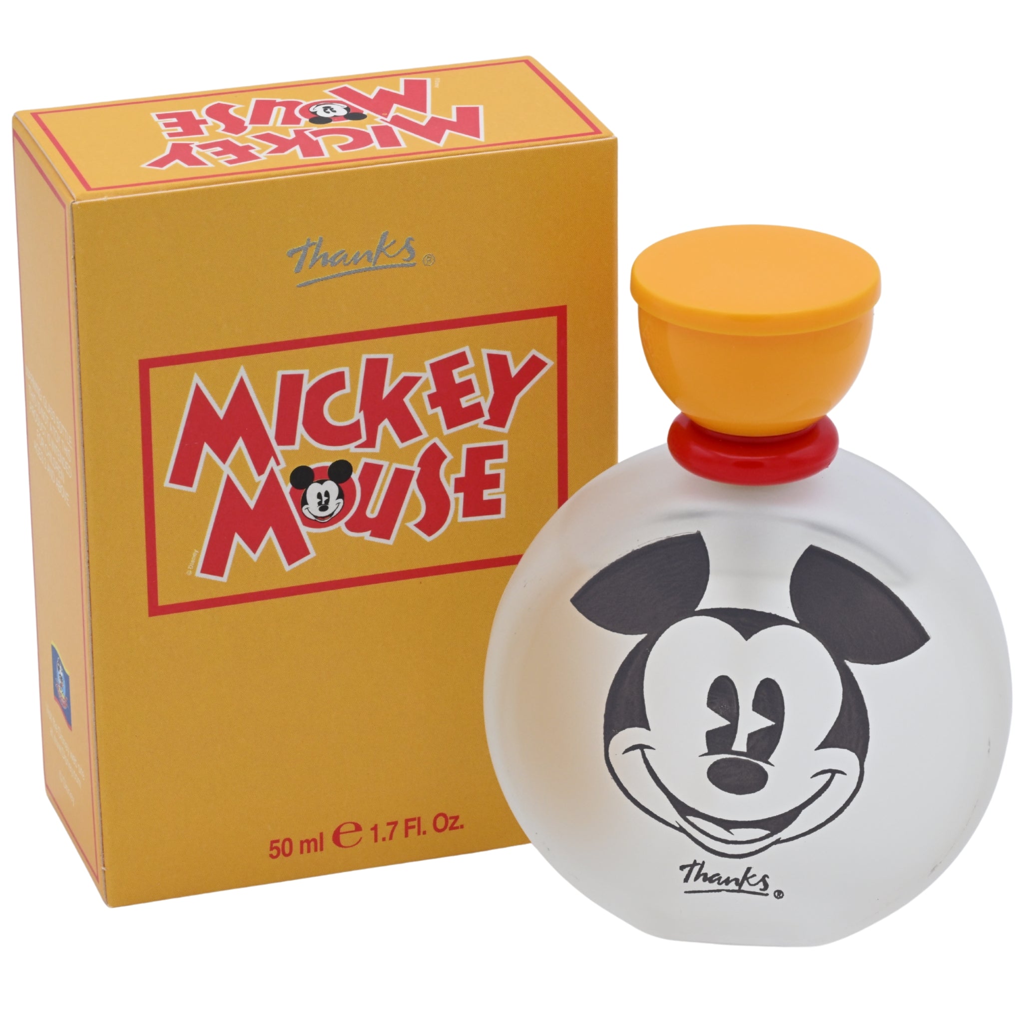 Mickey Mouse perfume bottle and packaging on a white background