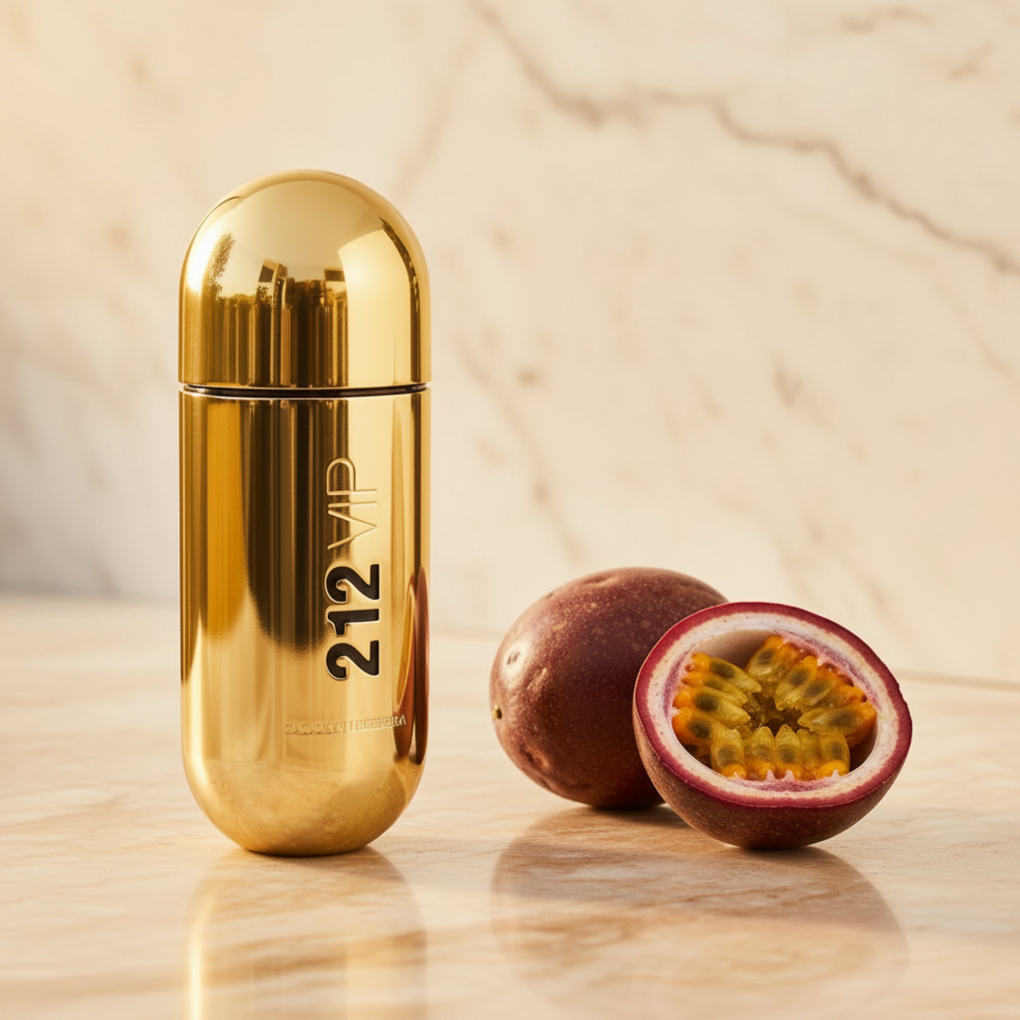 Gold perfume bottle with '212' branding on a white background