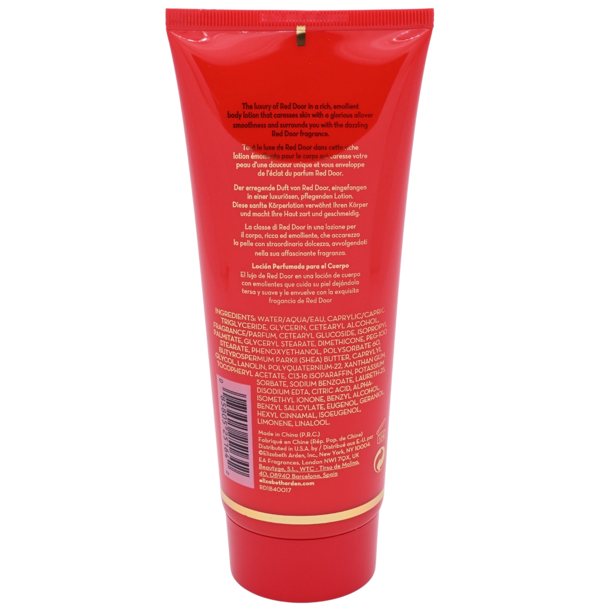 Red tube of Elizabeth Arden Red Door perfume lotion on a white background