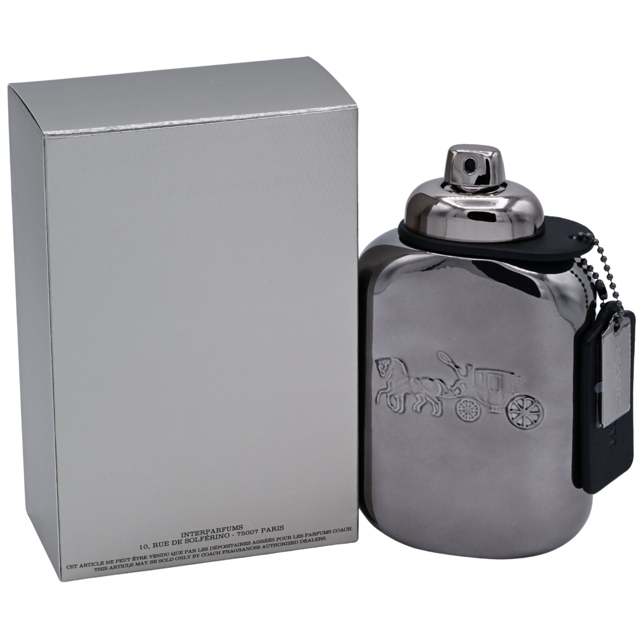 Perfume bottle with silver cap and black base next to its packaging on a white background