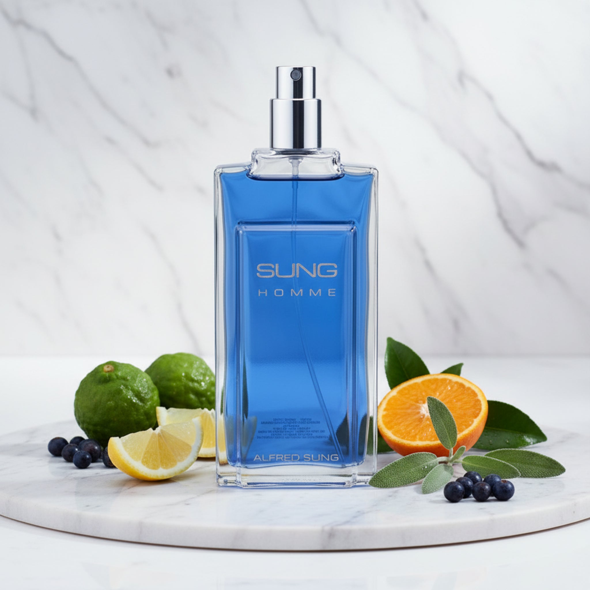 Blue perfume bottle with silver cap on a white background