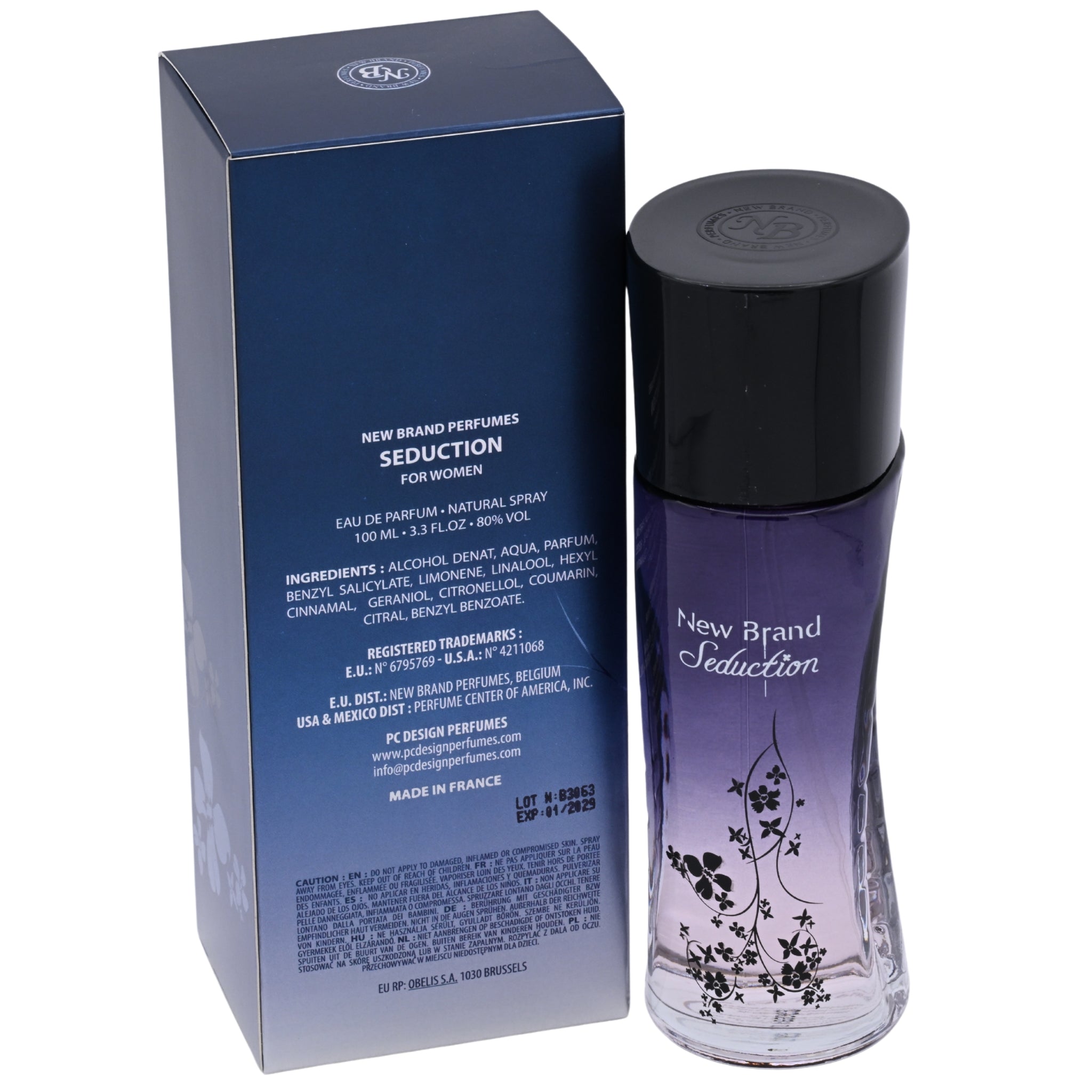Perfume bottle and packaging of 'New Brand Seduction' on a white background