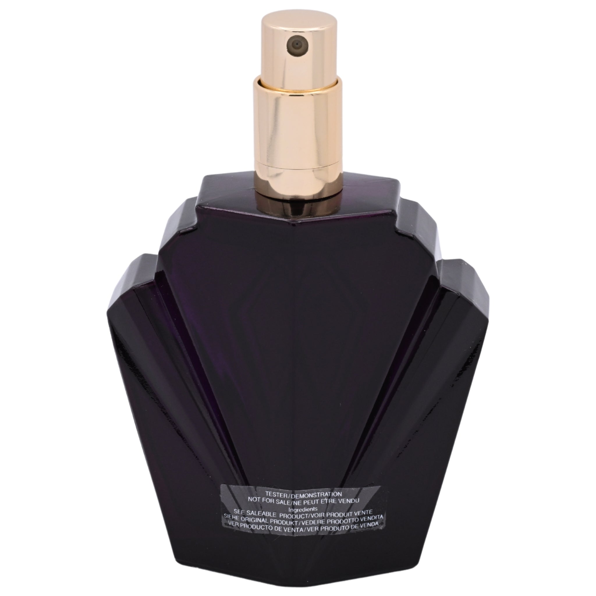 Black perfume bottle with gold cap on a white background
