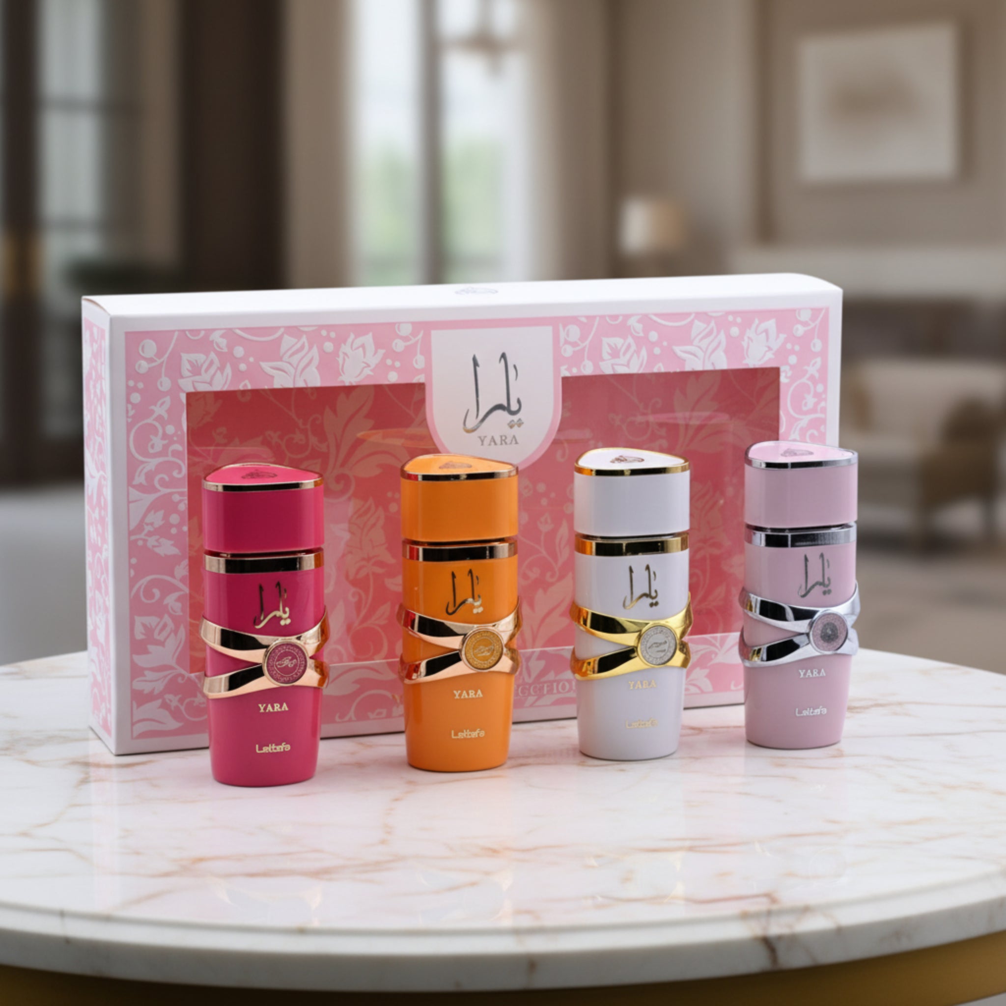 Four colorful perfume bottles with gold accents and 'Yara' branding on a white background