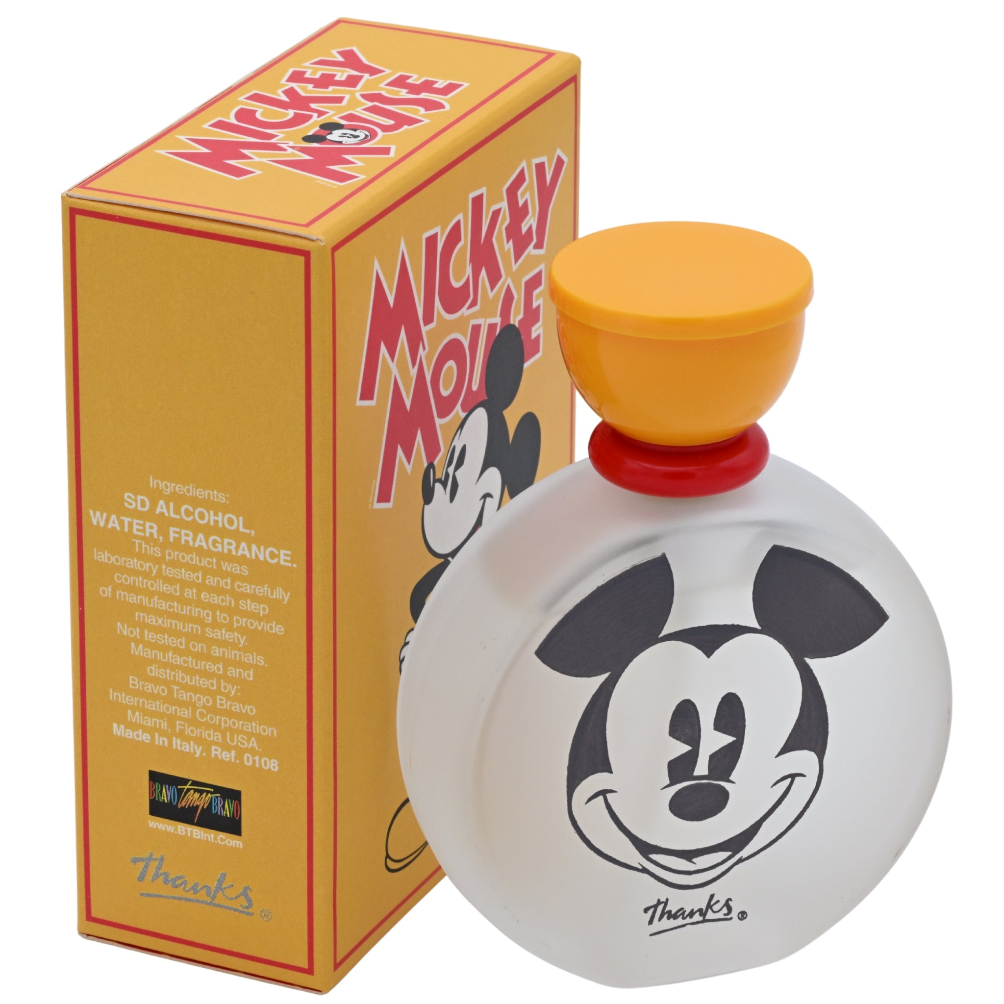 Mickey Mouse perfume bottle and packaging on a white background