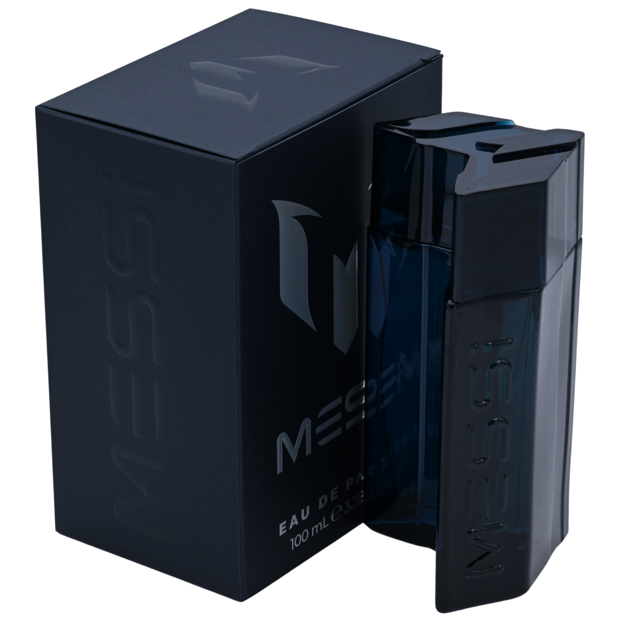 Black perfume bottle and packaging with 'MESSI' branding on a white background