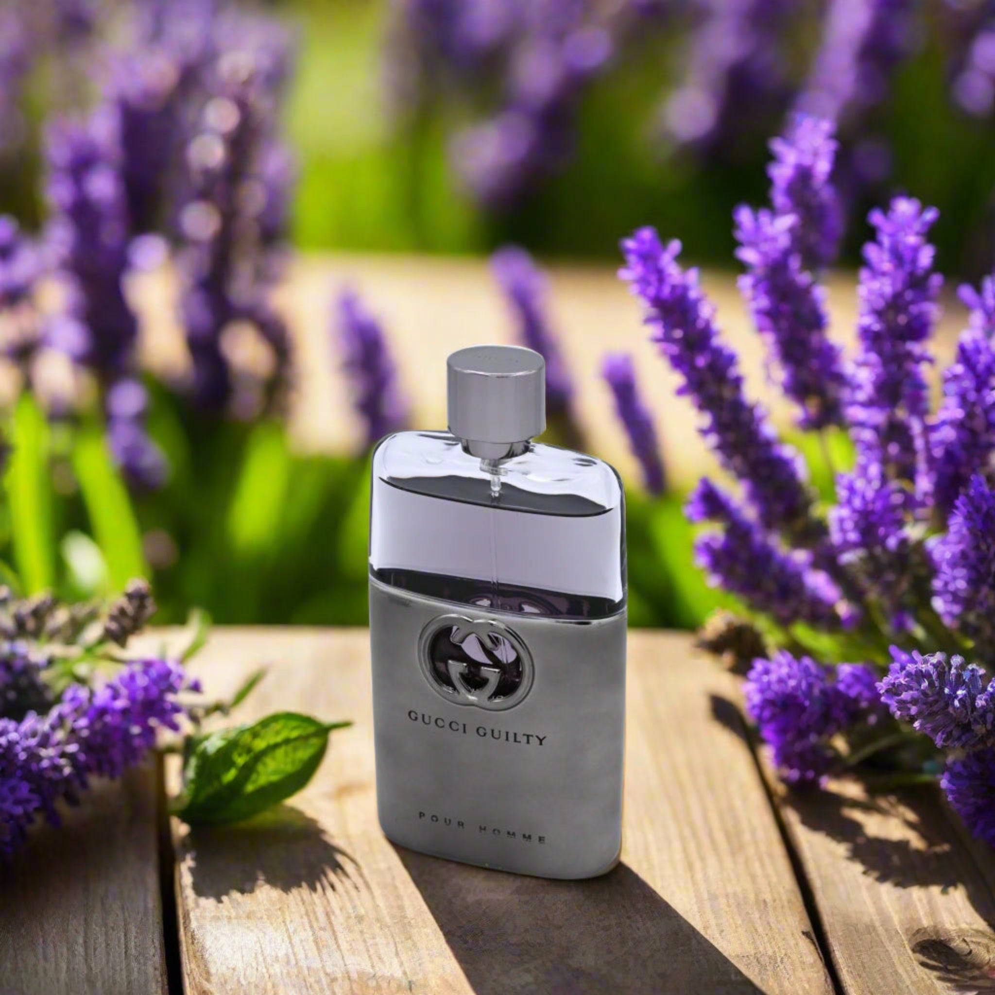 Gucci Guilty perfume bottle on a wooden surface with lavender flowers in the background