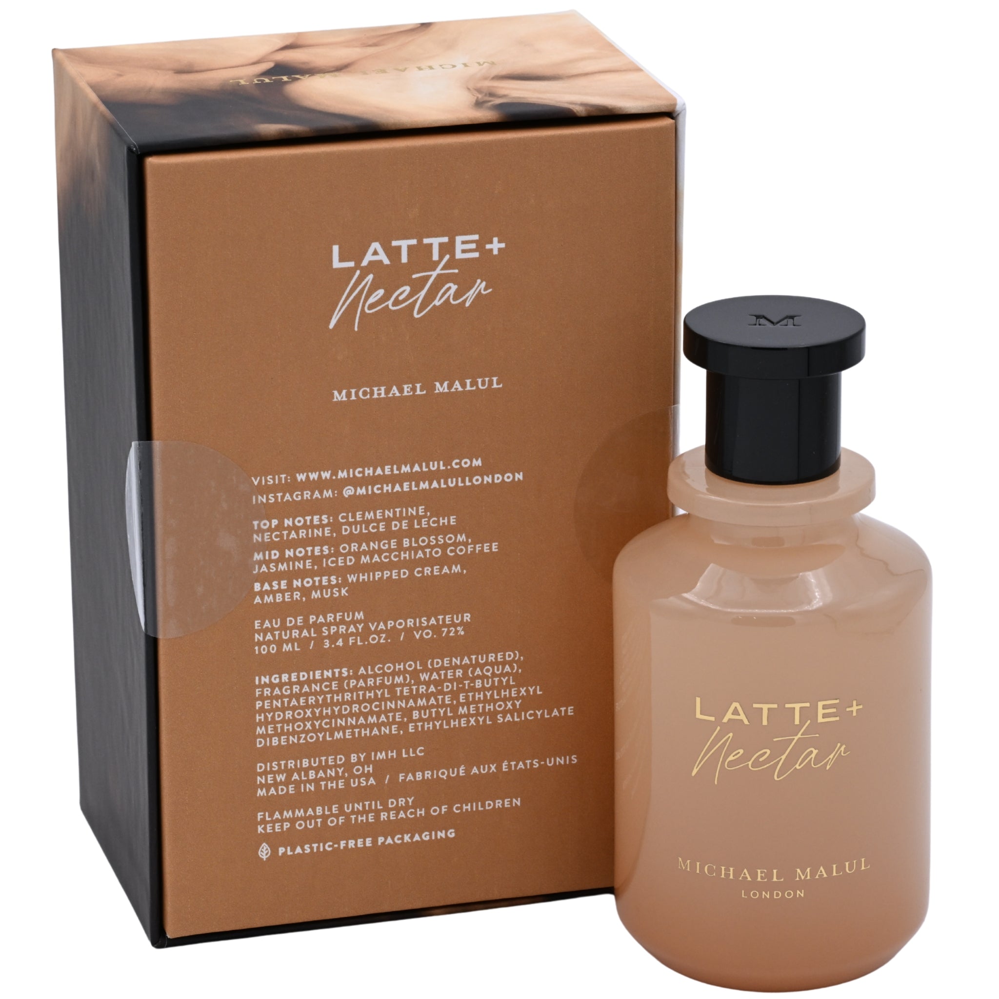 Latte Nectar perfume bottle and packaging with brand name on a white background