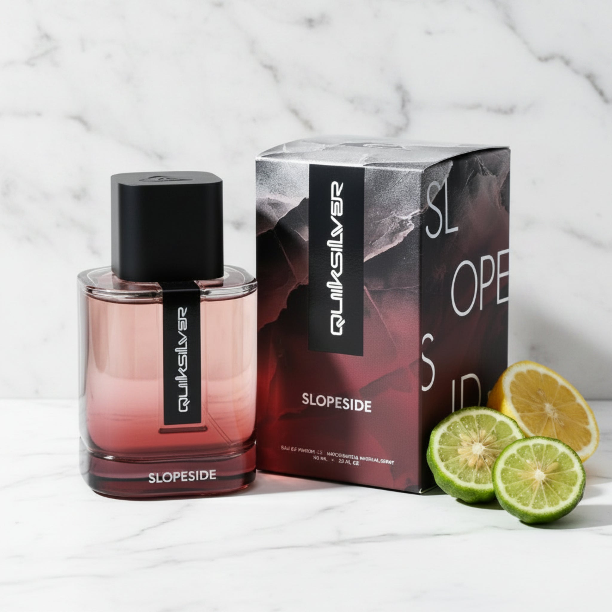 Quiksilver Slopeside perfume bottle and packaging on a white background