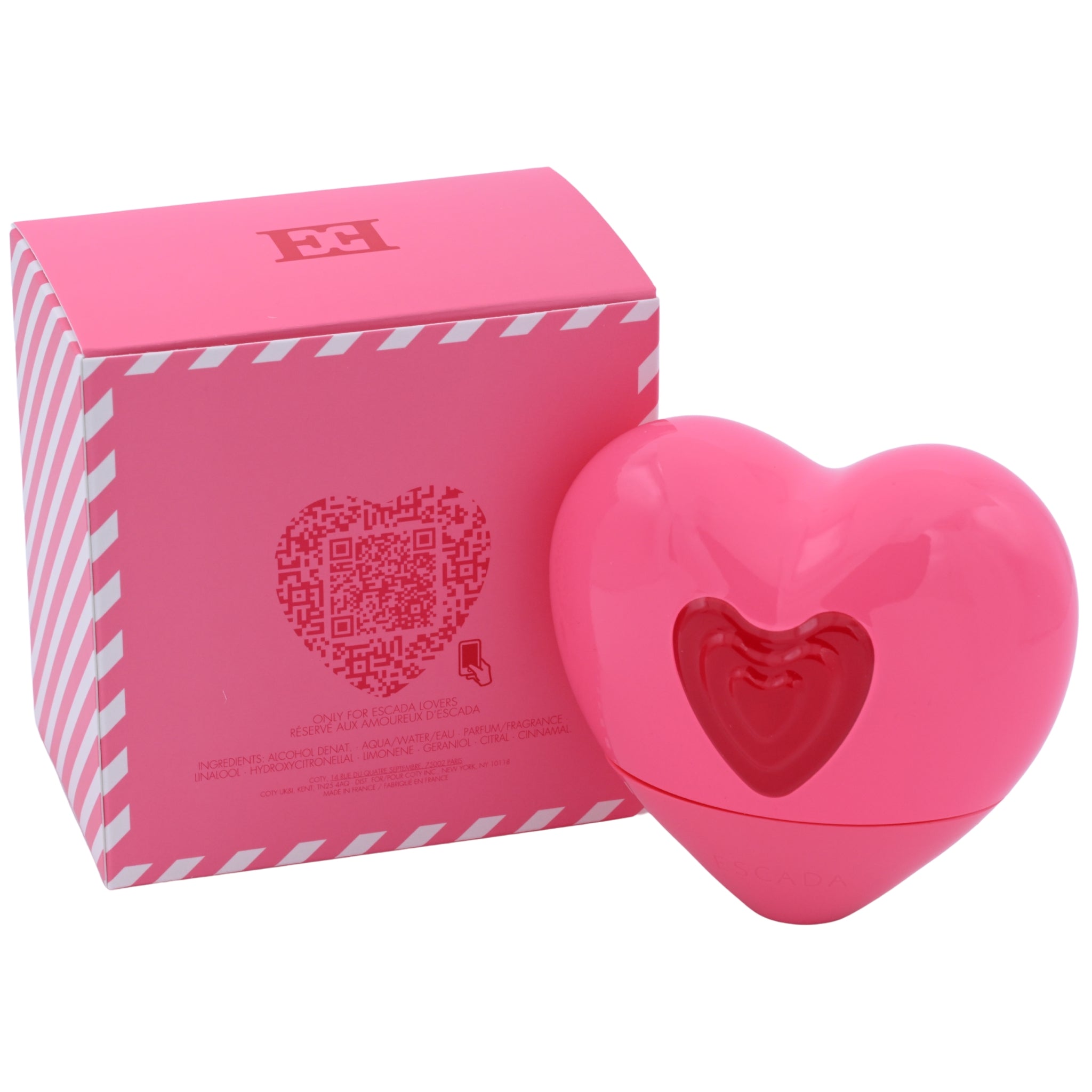 Pink heart-shaped Escada candy love perfume bottle and packaging on a white background