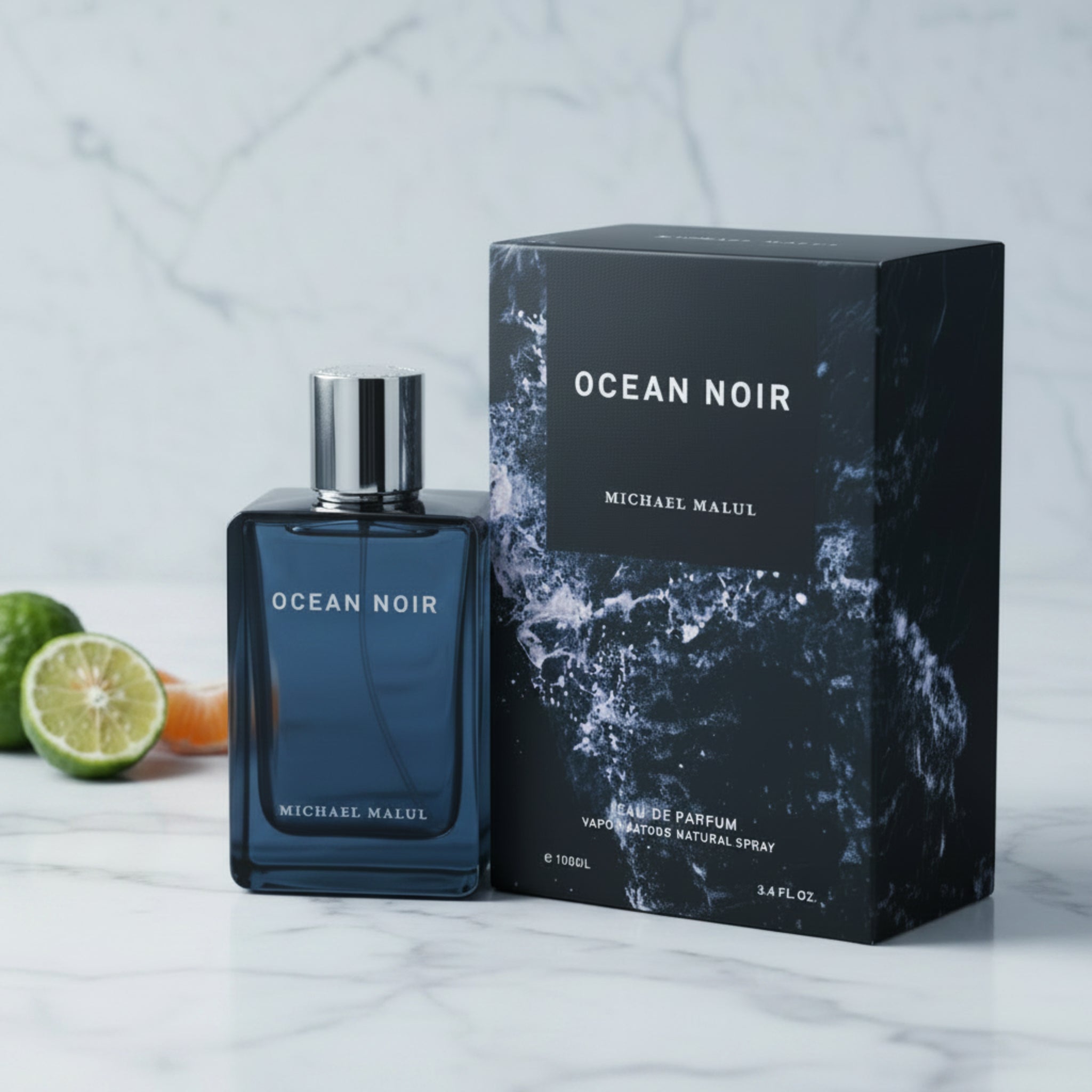 Perfume bottle and packaging of 'Ocean Noir' by Michael Malul on a white background