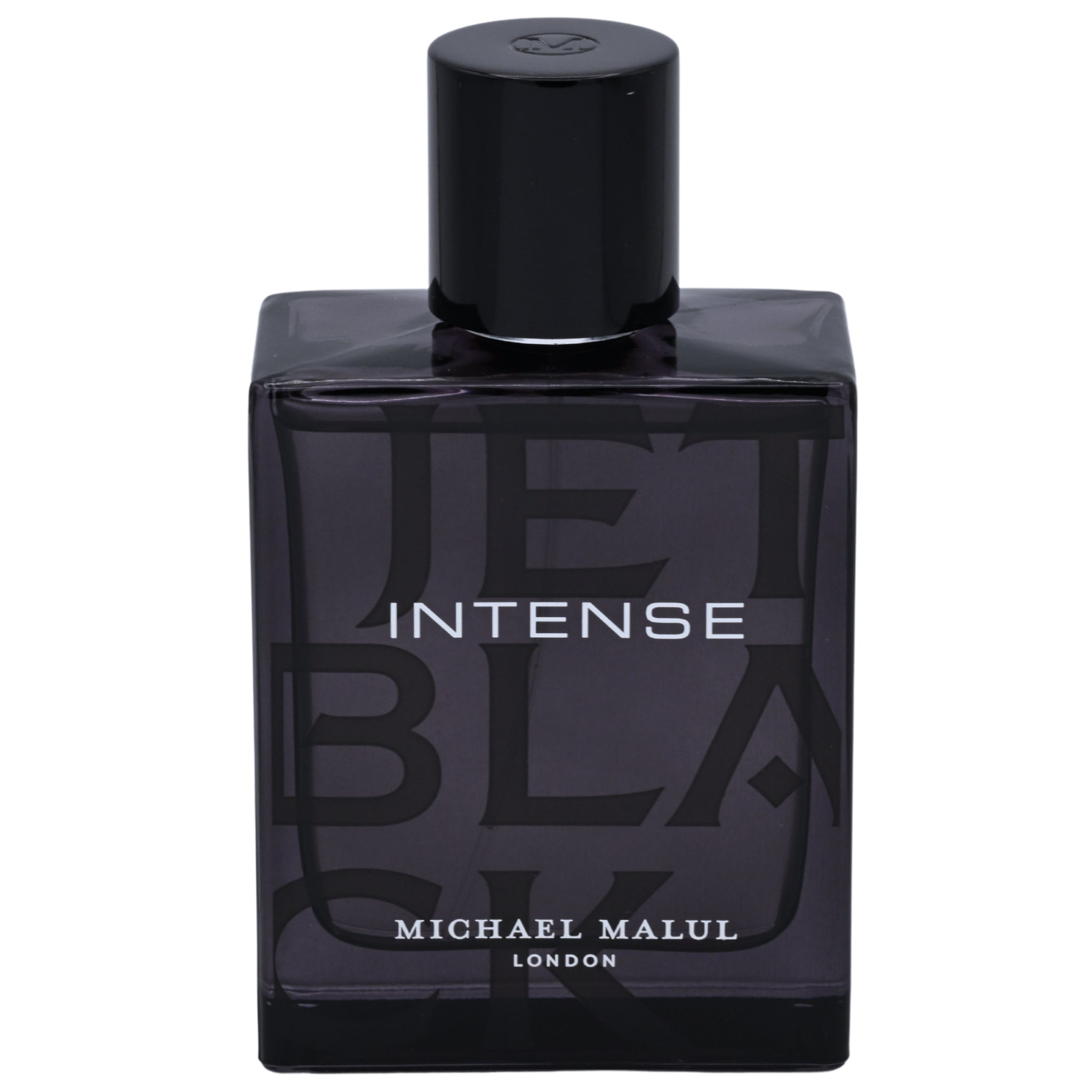 Black perfume bottle labeled 'Intense Black' by Michael Malul on a white background