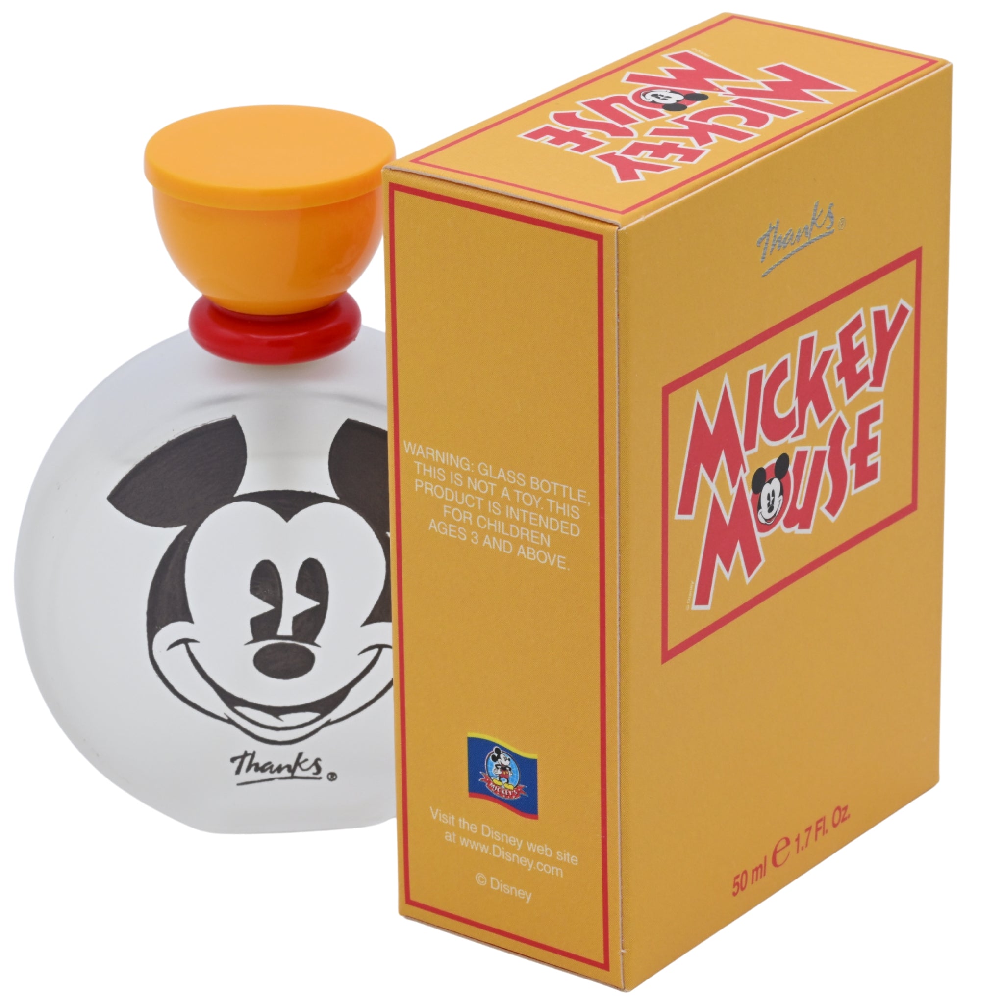 Mickey Mouse perfume bottle and packaging on a white background