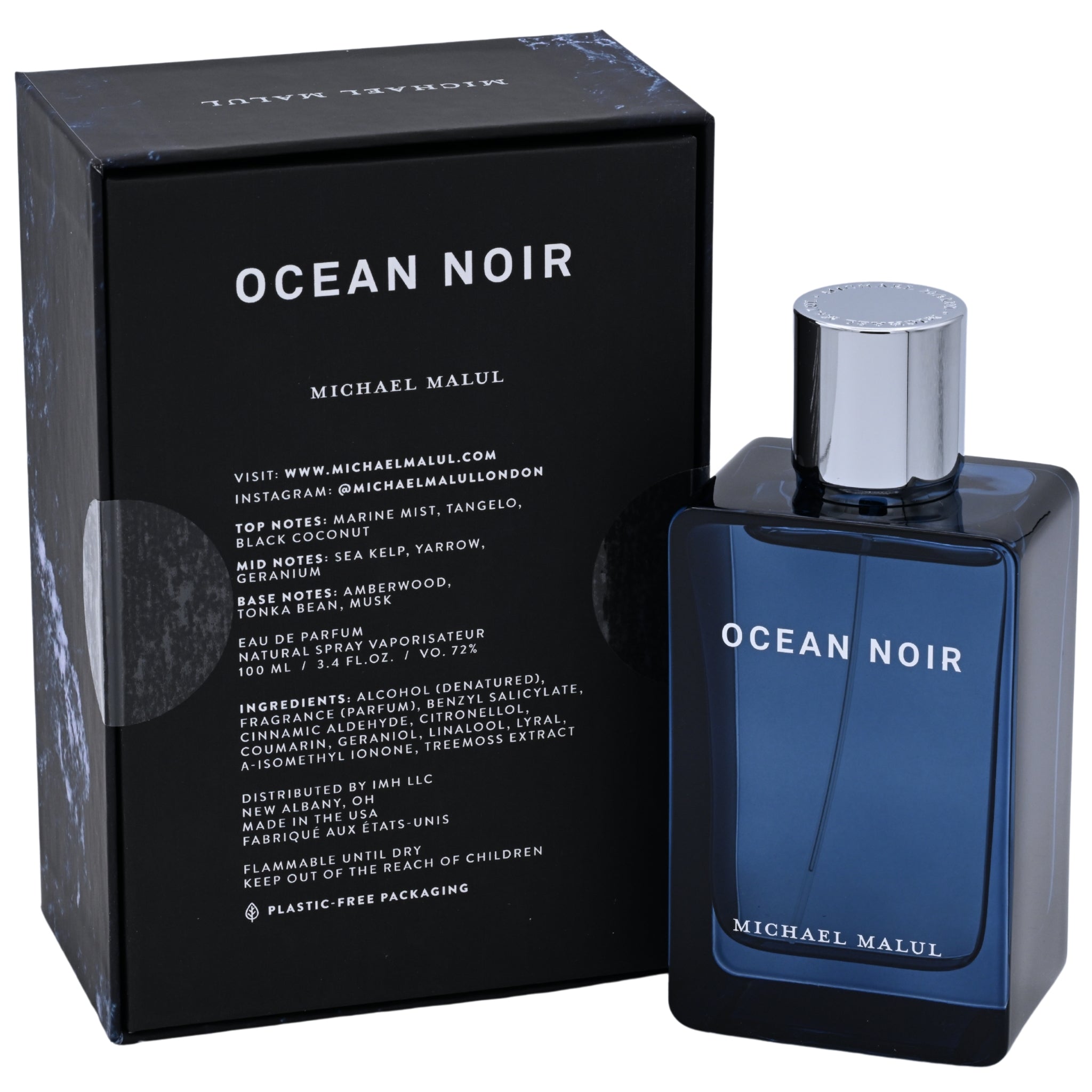 Ocean Noir perfume bottle and packaging by Michael Malul on a white background