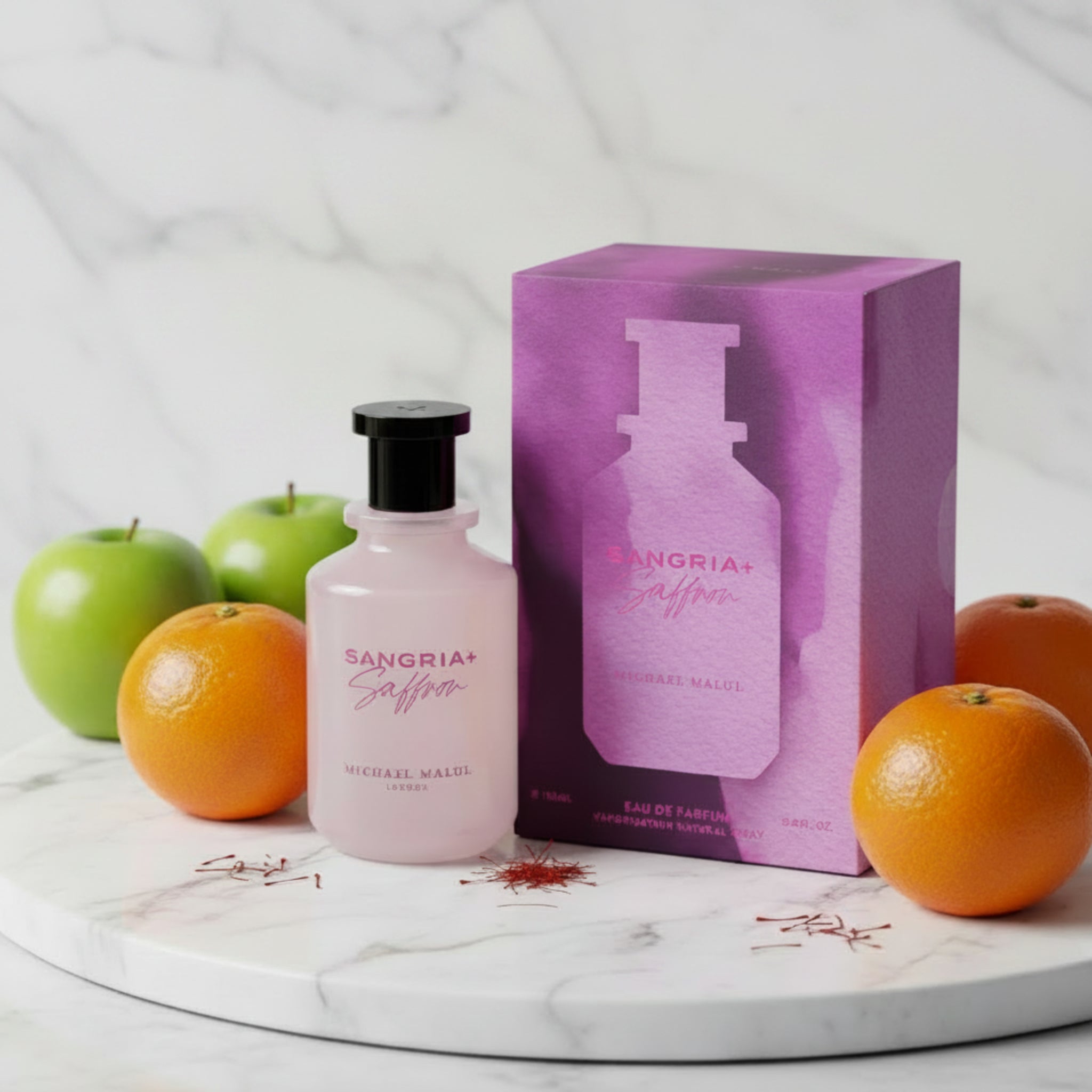 Sangria Saffron perfume bottle and packaging on a white background