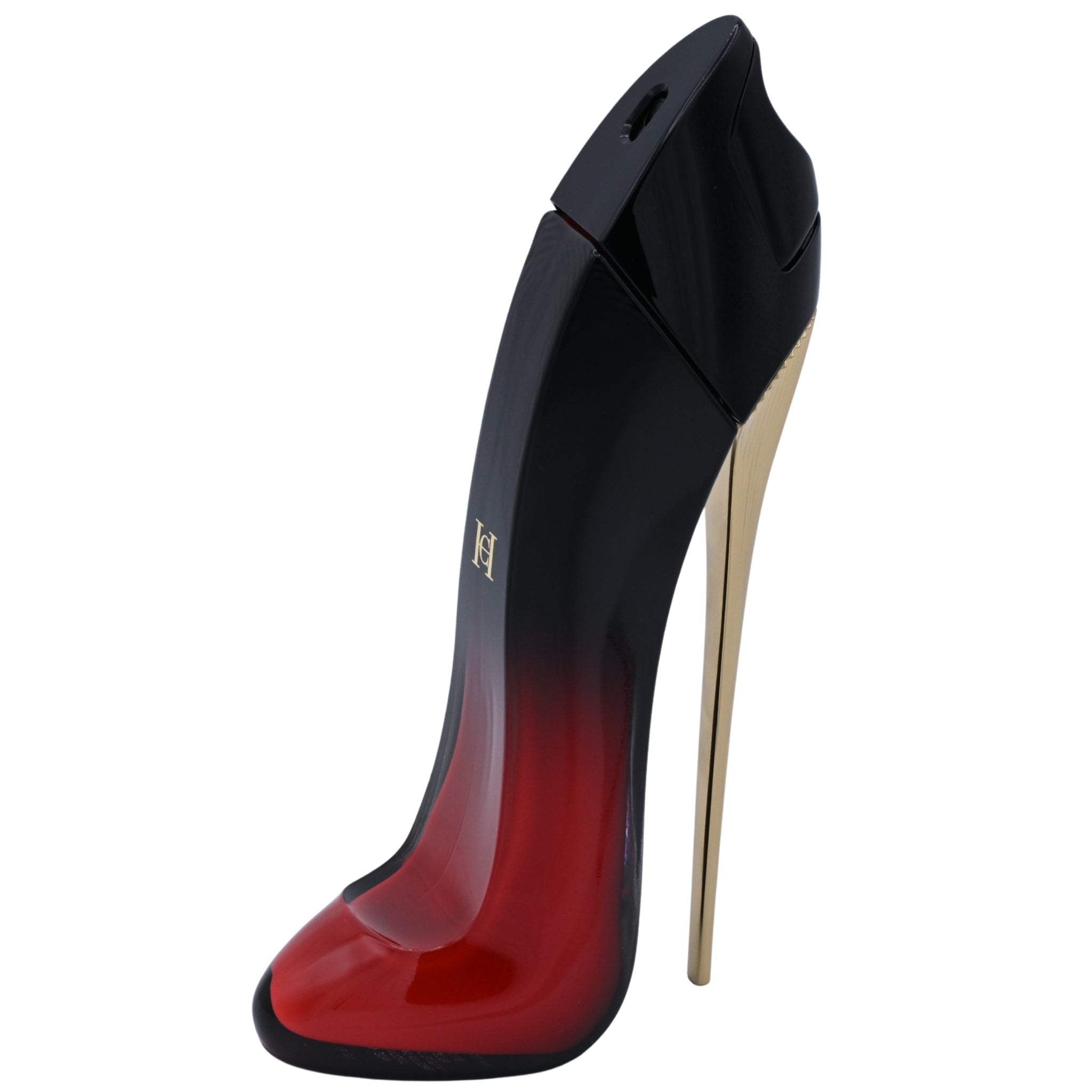 Red and black Carolina Herrera Good Girl perfume bottle on a white background