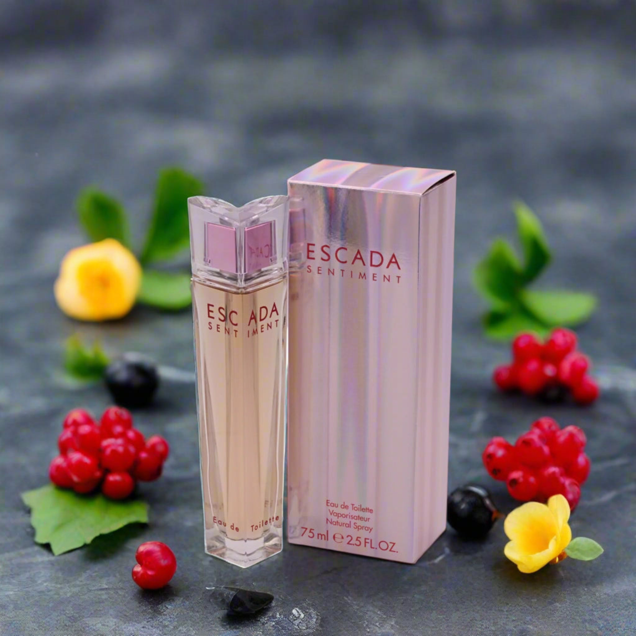 Escada Sentiment perfume bottle and packaging on a white background