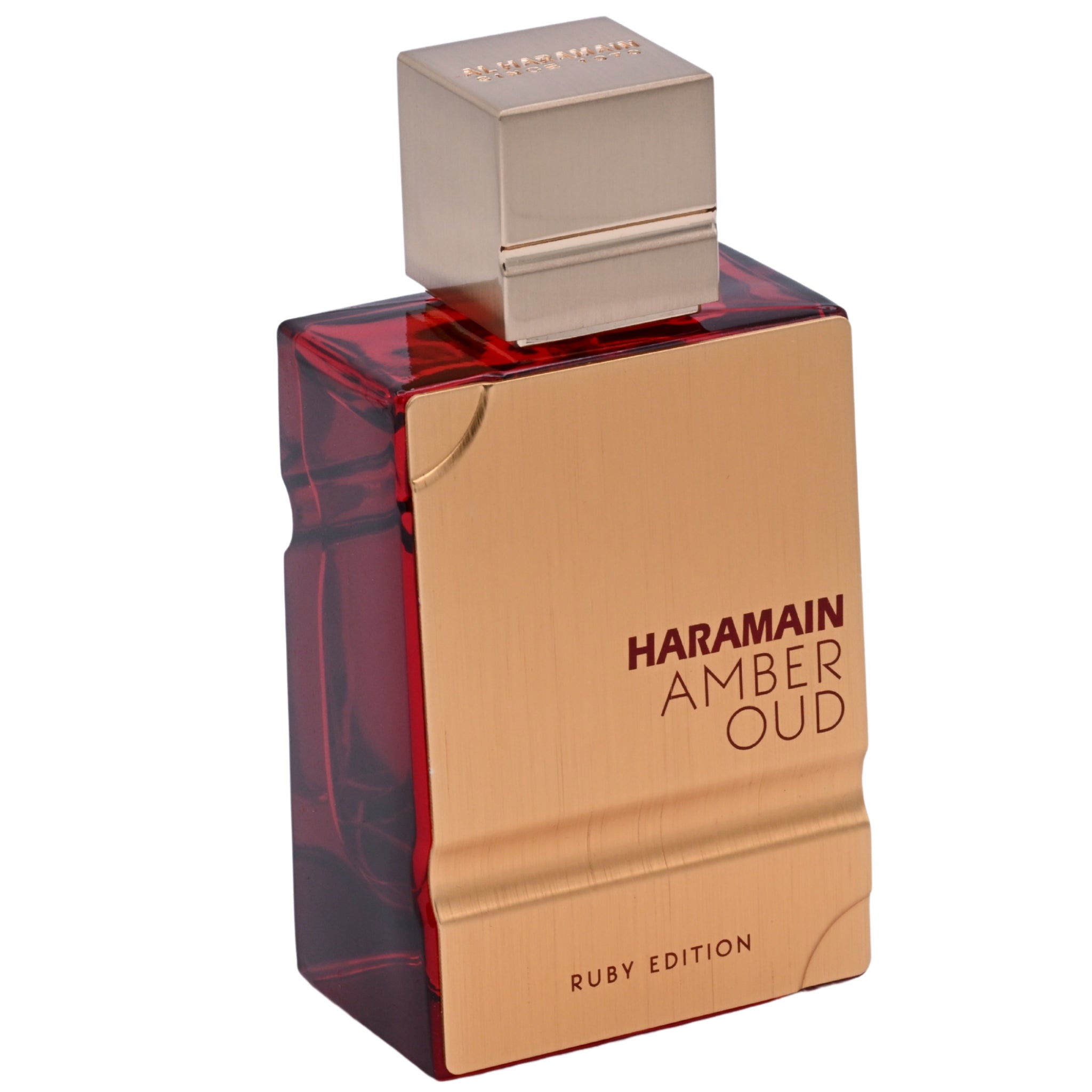 Haramain Amber Oud Ruby Edition perfume bottle on a white background