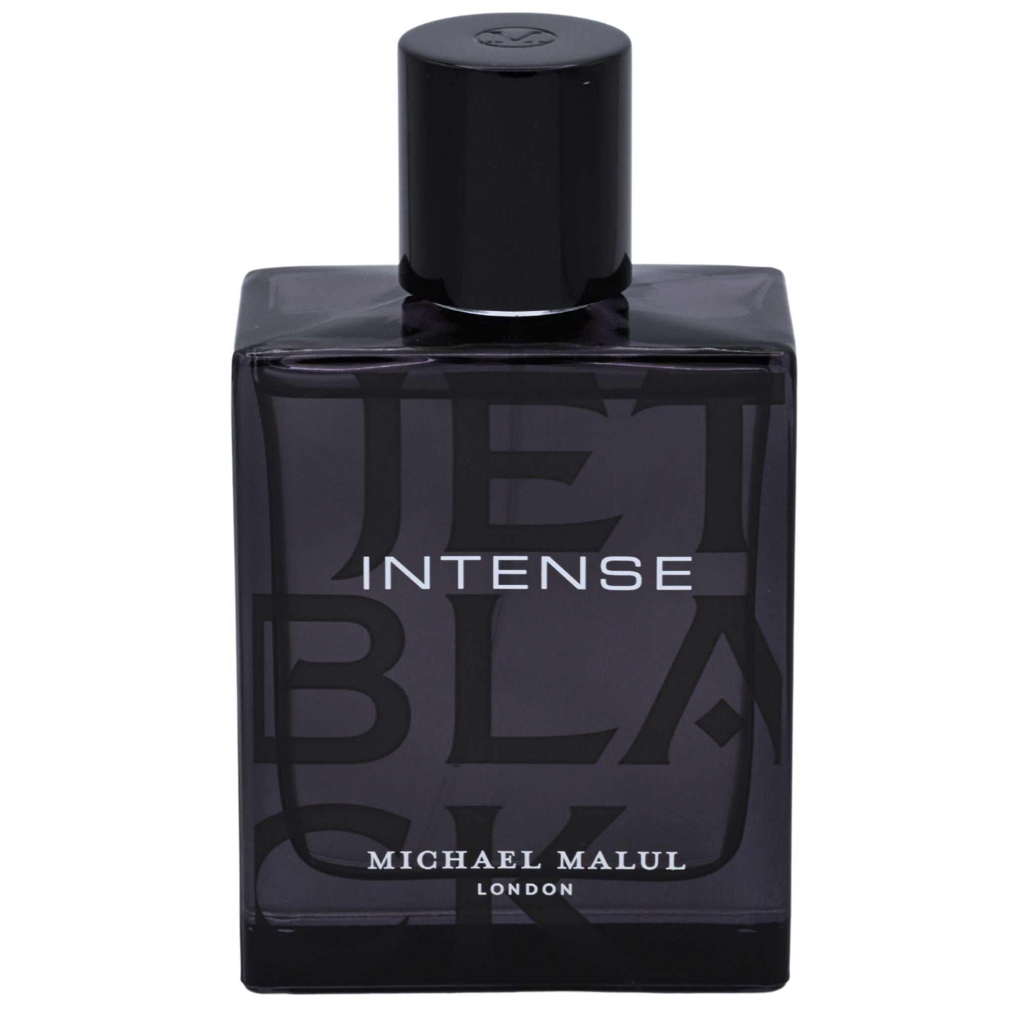 Black perfume bottle labeled 'Intense' by Michael Malul on a white background