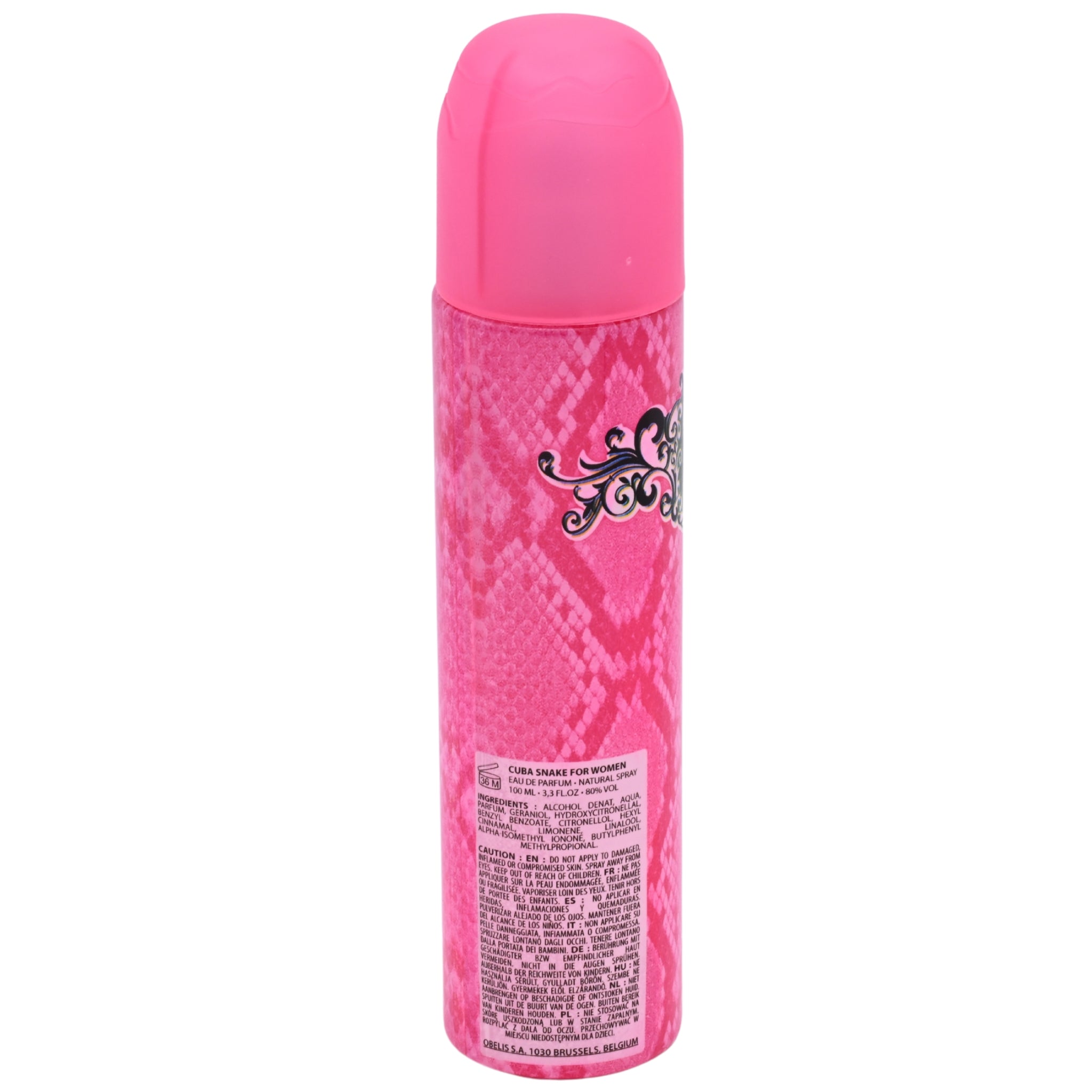 Pink perfume bottle with snake pattern and 'Jungle Snake' branding on a white background