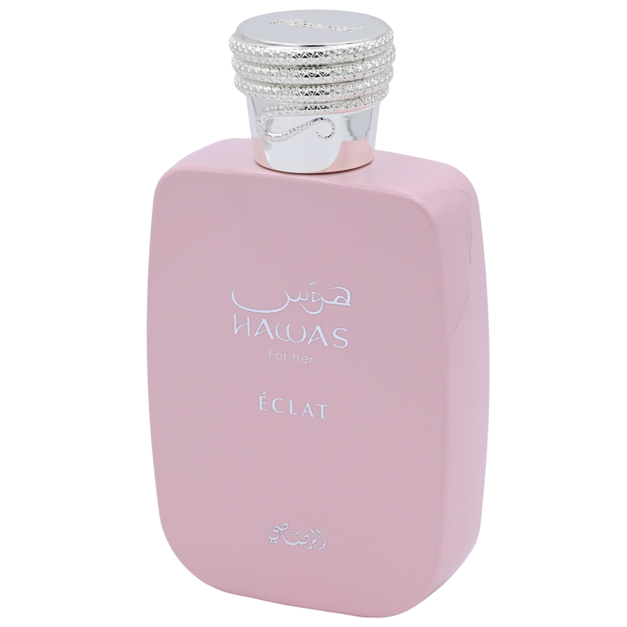 Pink perfume bottle with silver cap on a white background