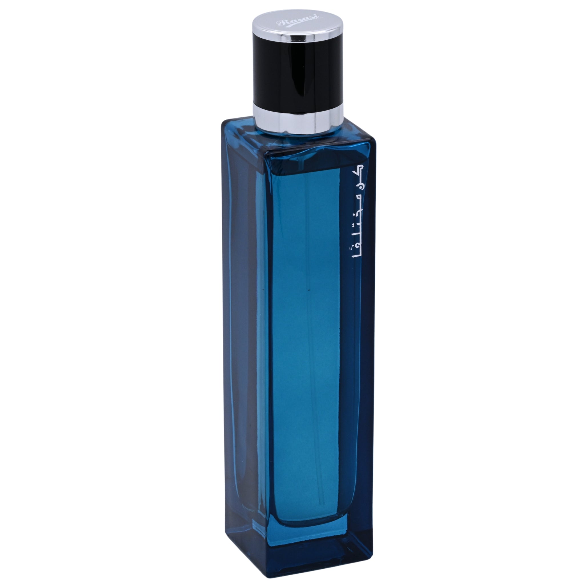 Blue perfume bottle with a silver cap on a white background