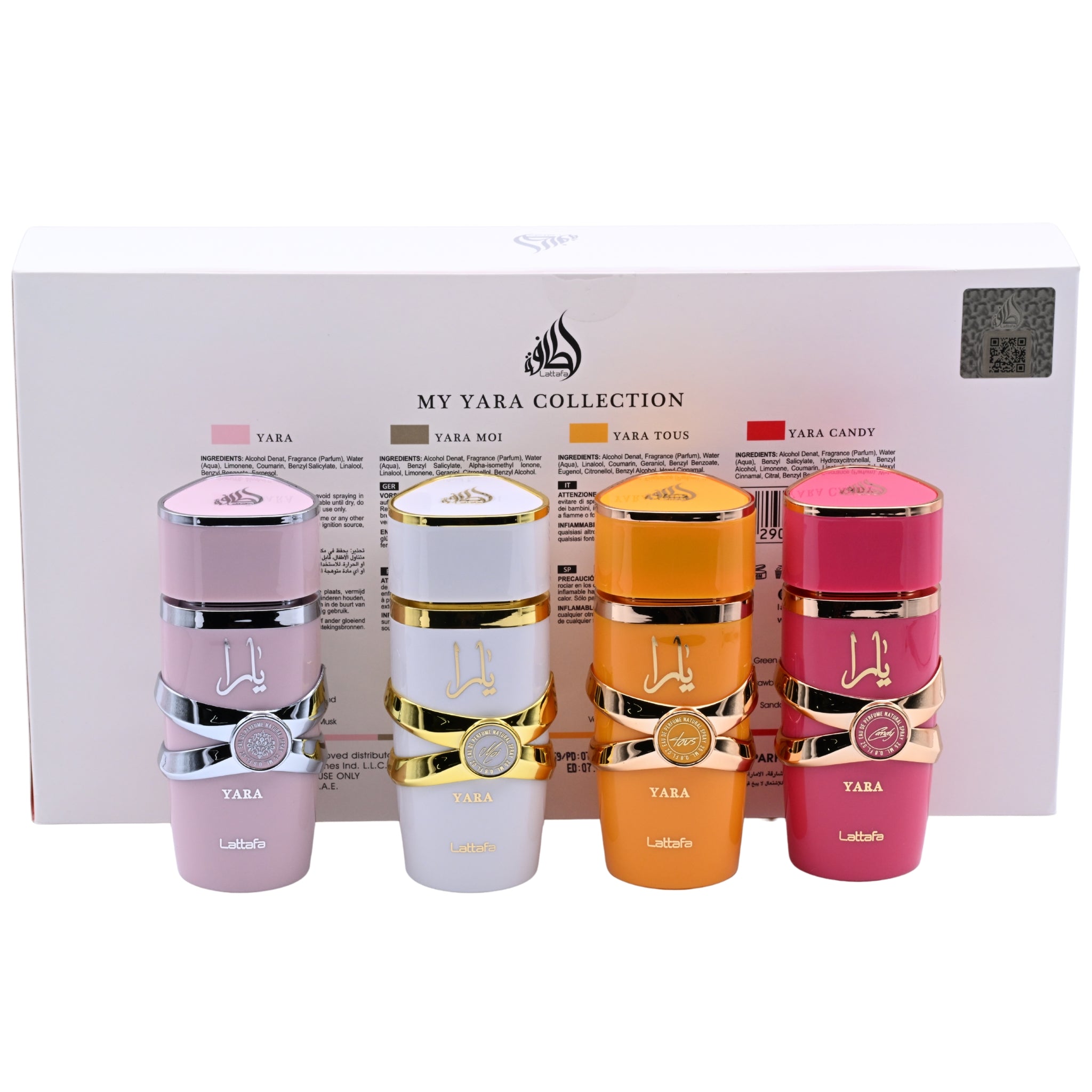 Four colorful perfume bottles with gold accents and 'Yara' branding on a white background