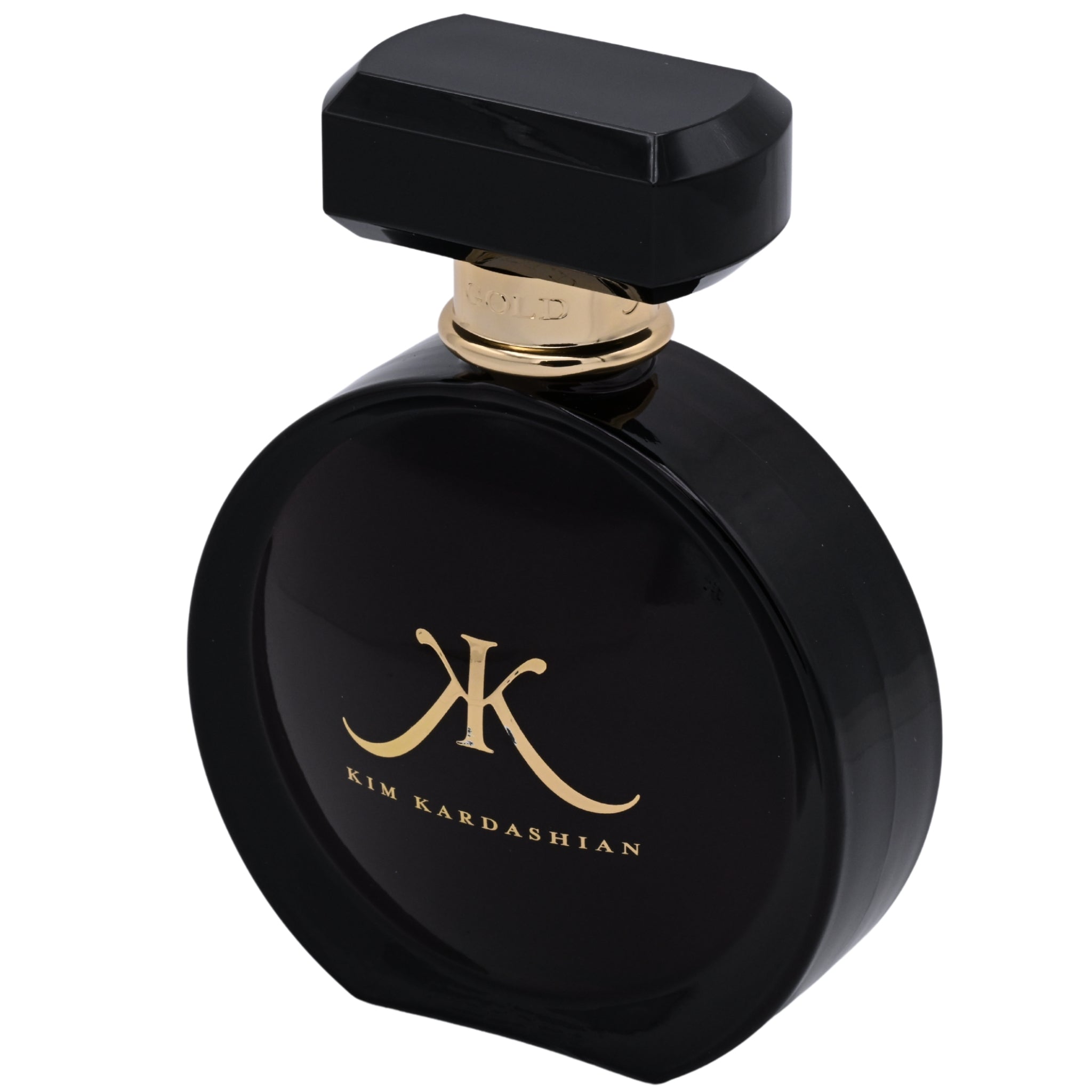 Kim Kardashian Gold perfume bottle on a white background