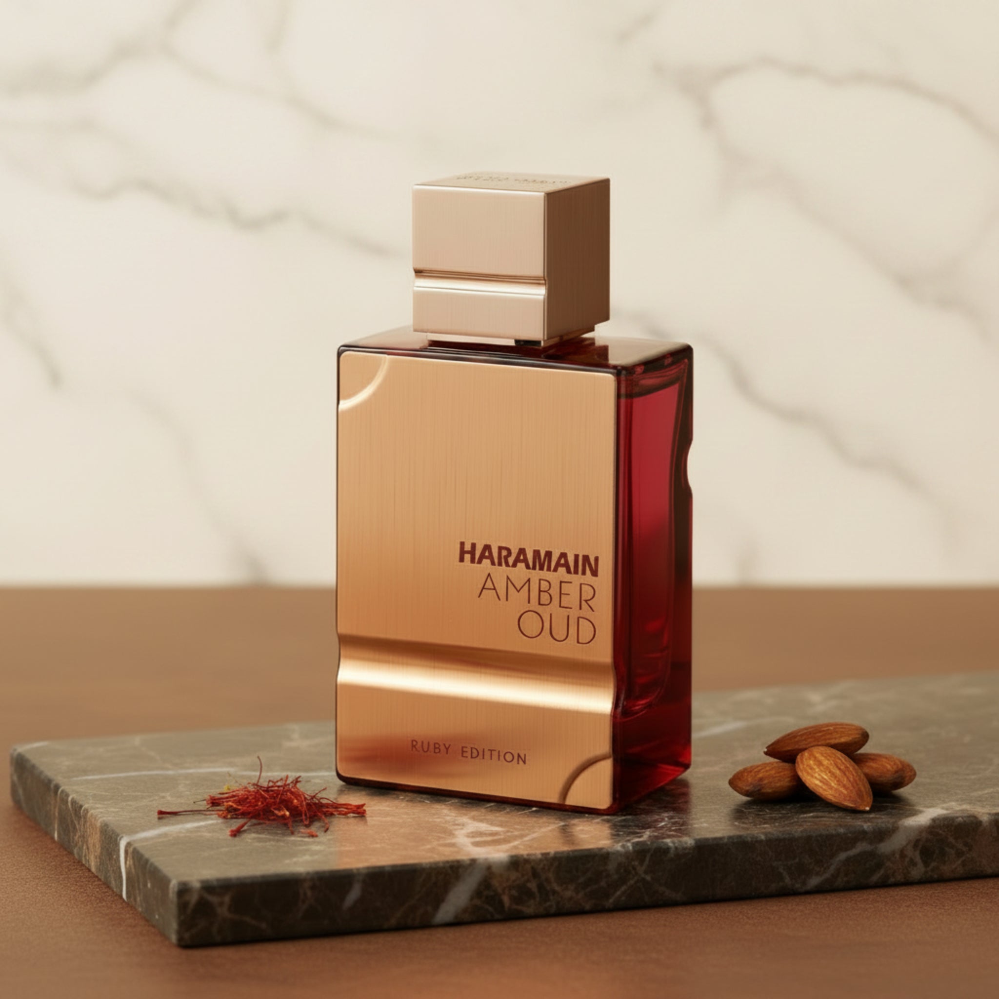 Haramain Amber Oud Ruby Edition perfume bottle on a white background