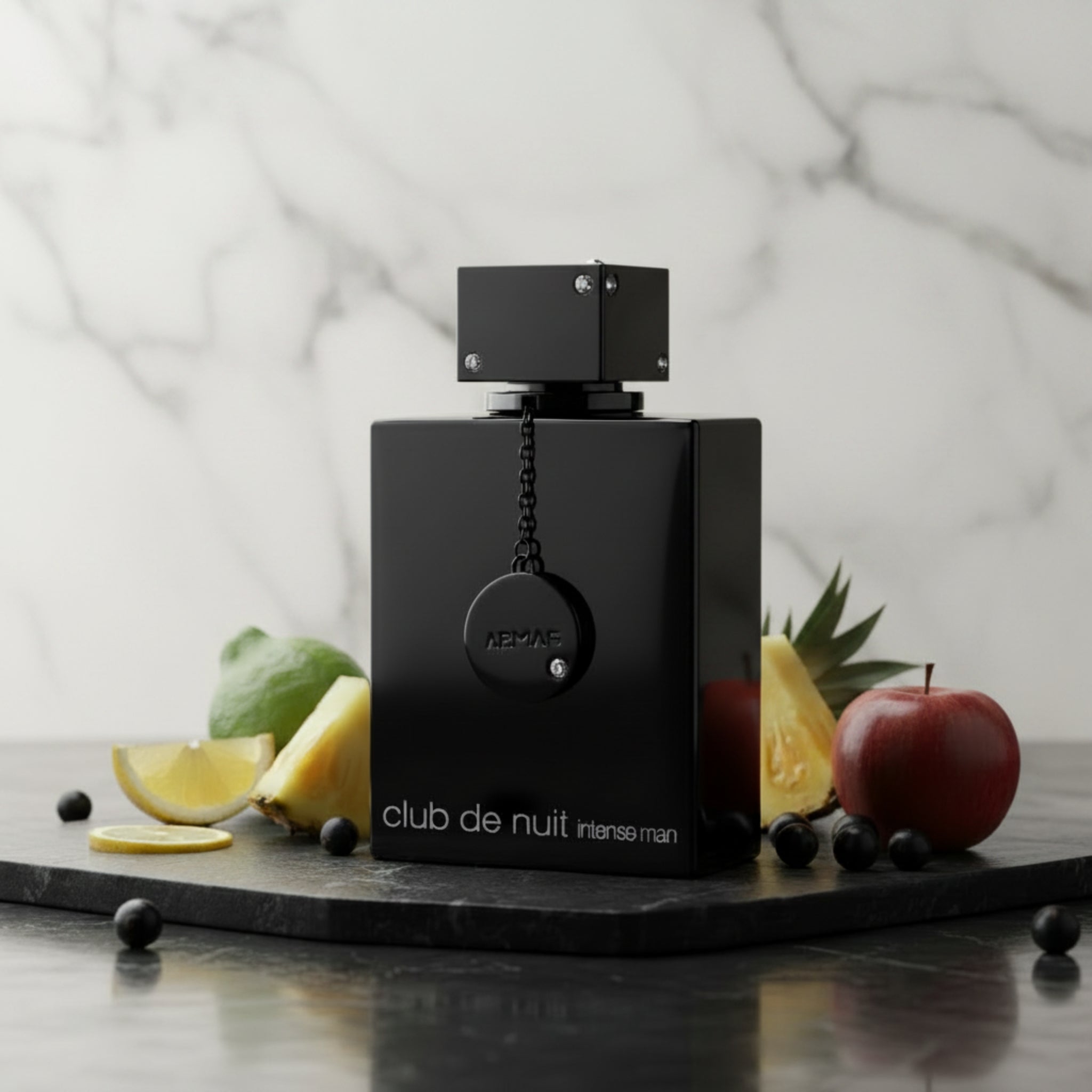Black perfume bottle labeled 'club de nuit intense man' on a white background