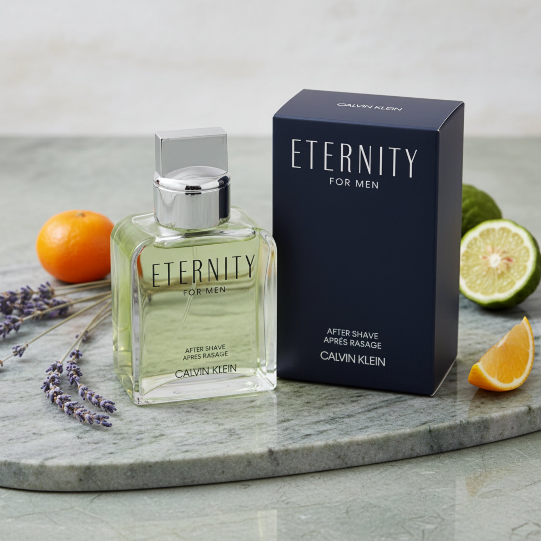 Calvin Klein Eternity for Men after shave bottle and packaging on a white background