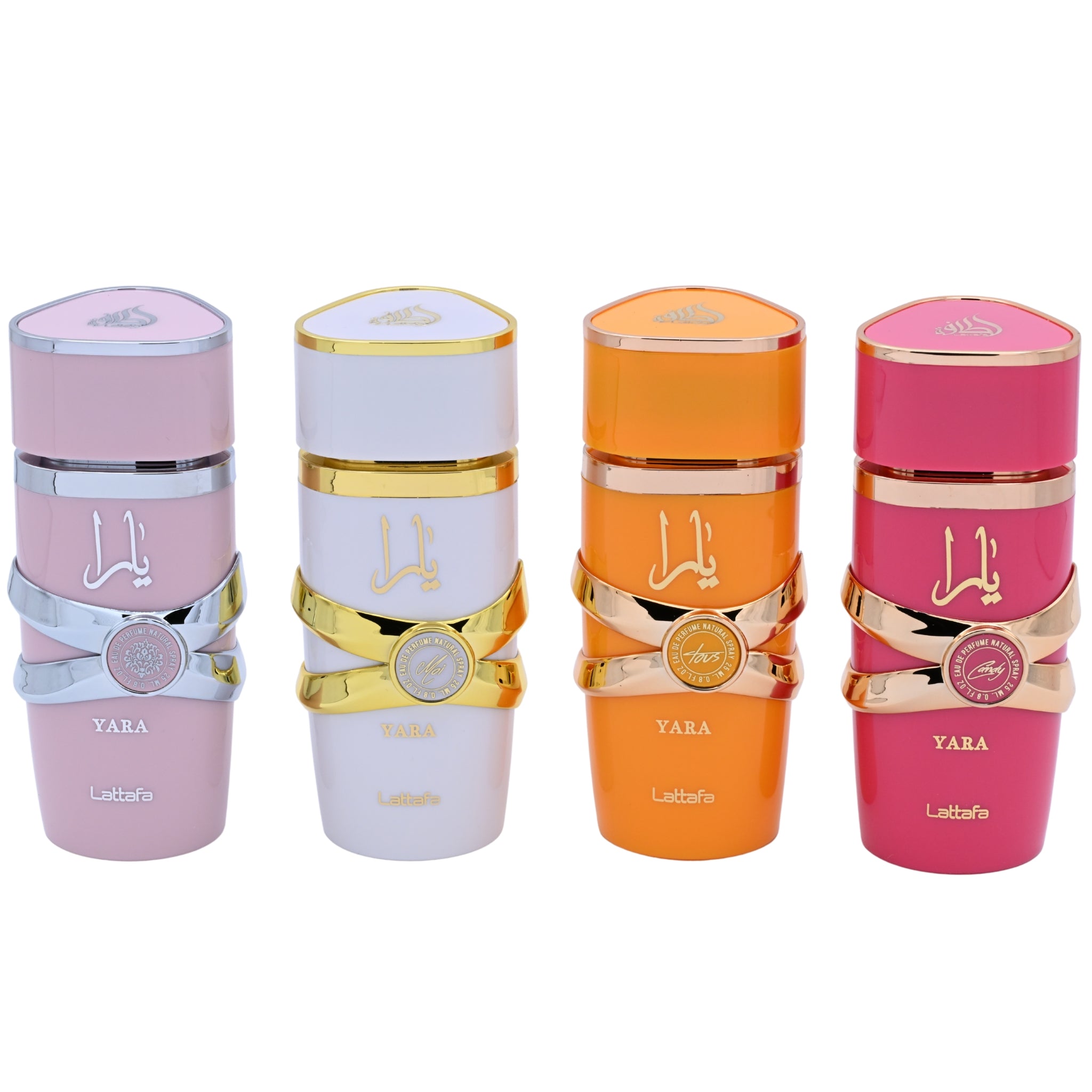 Four colorful perfume bottles with gold accents and 'Yara' branding on a white background