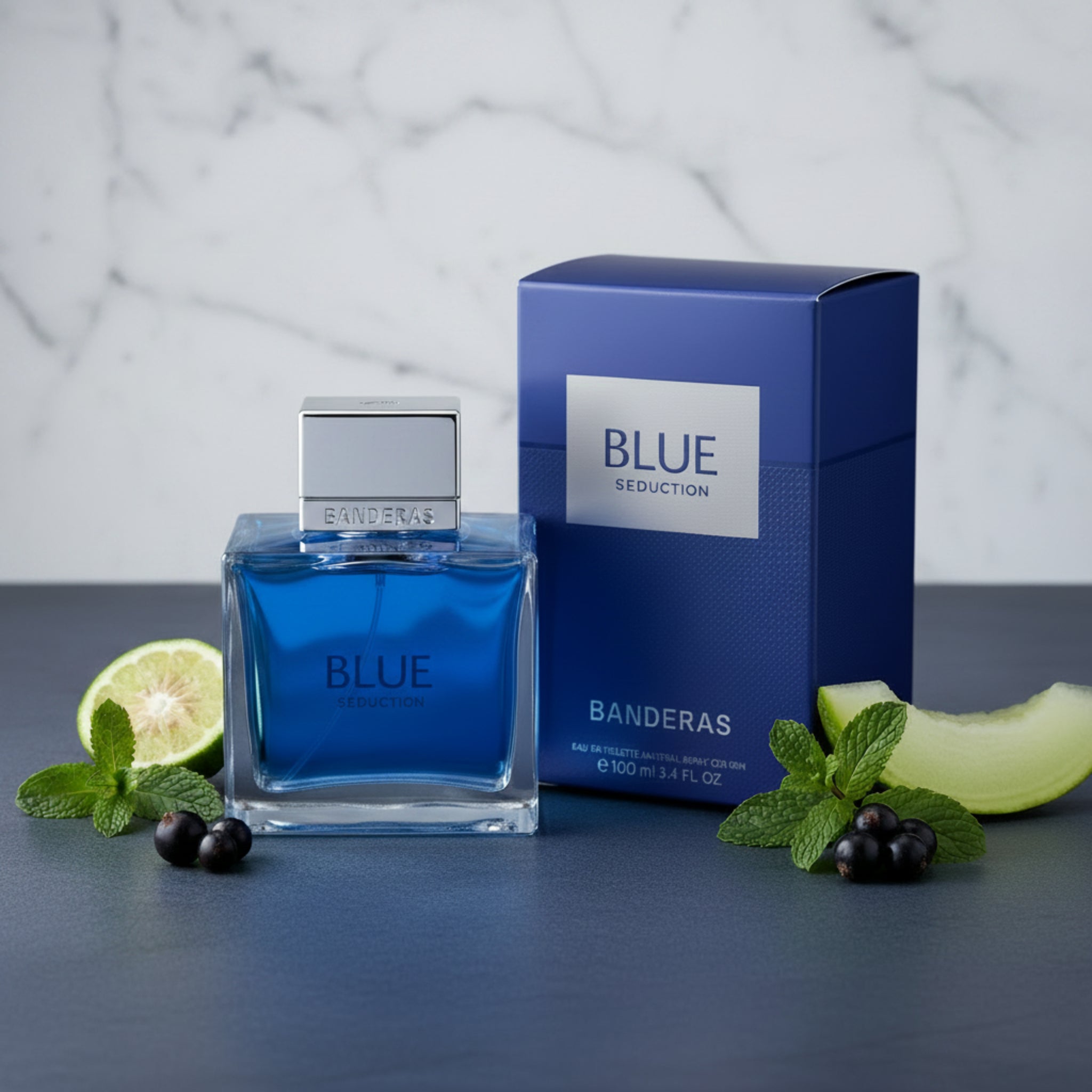 Banderas Blue Seduction perfume bottle and packaging on a white background