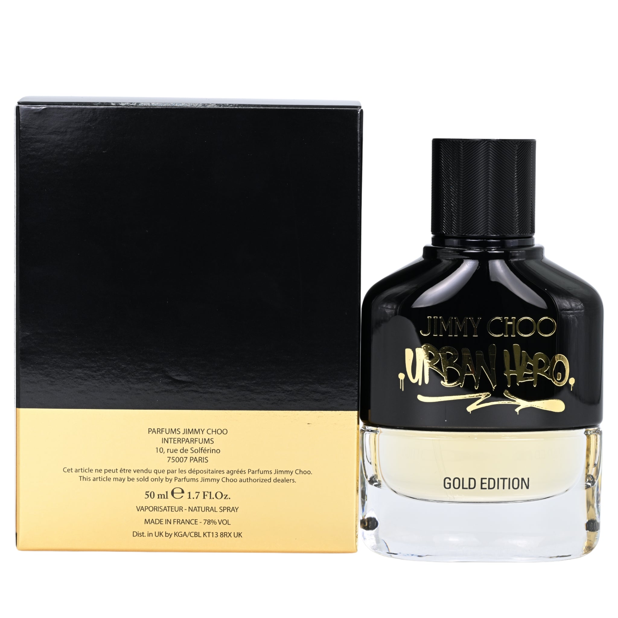 Urban Hero Gold Edition by Jimmy Choo perfume bottle and box on a white background
