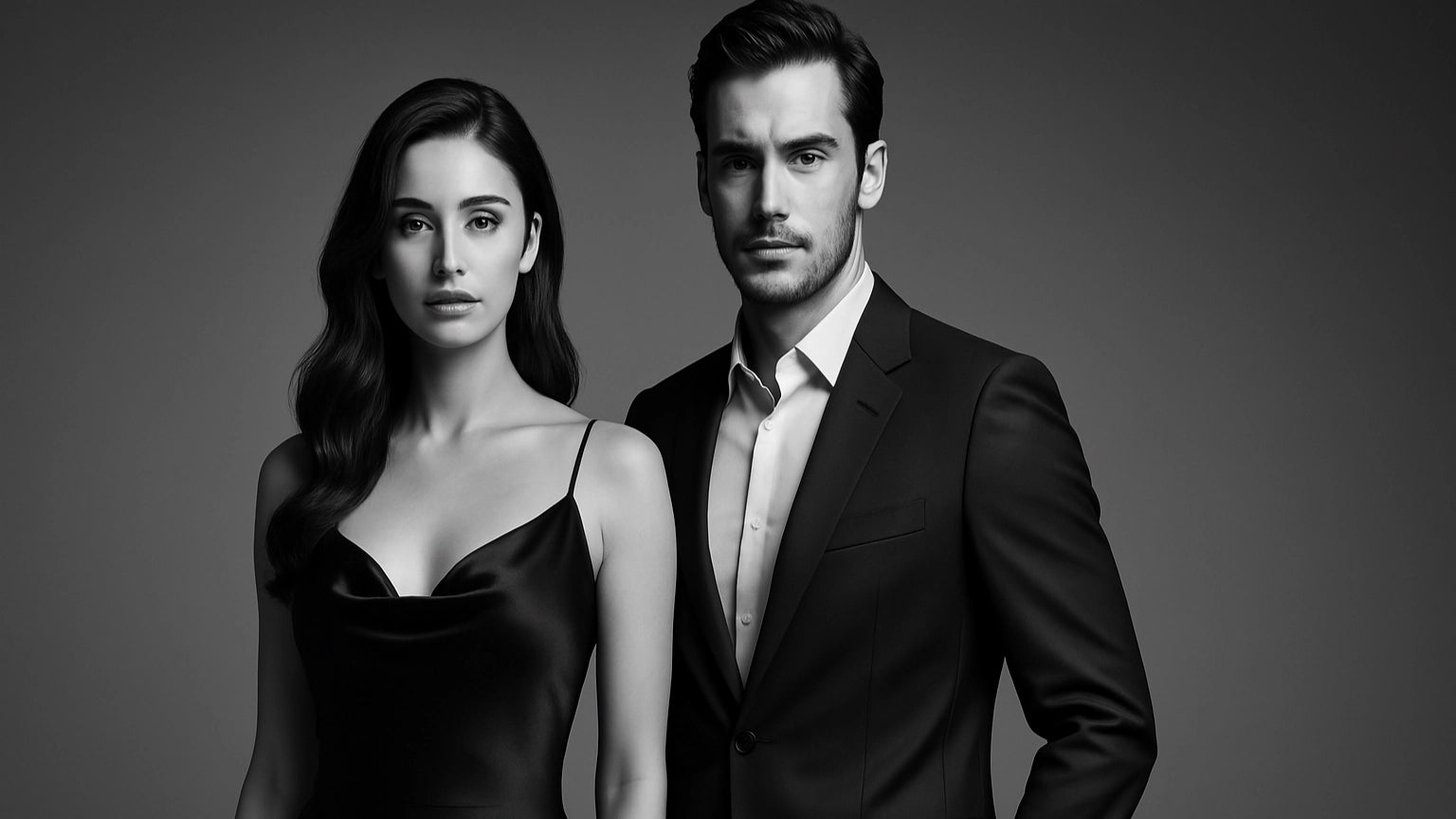 Man and woman in formal attire against a gray background
