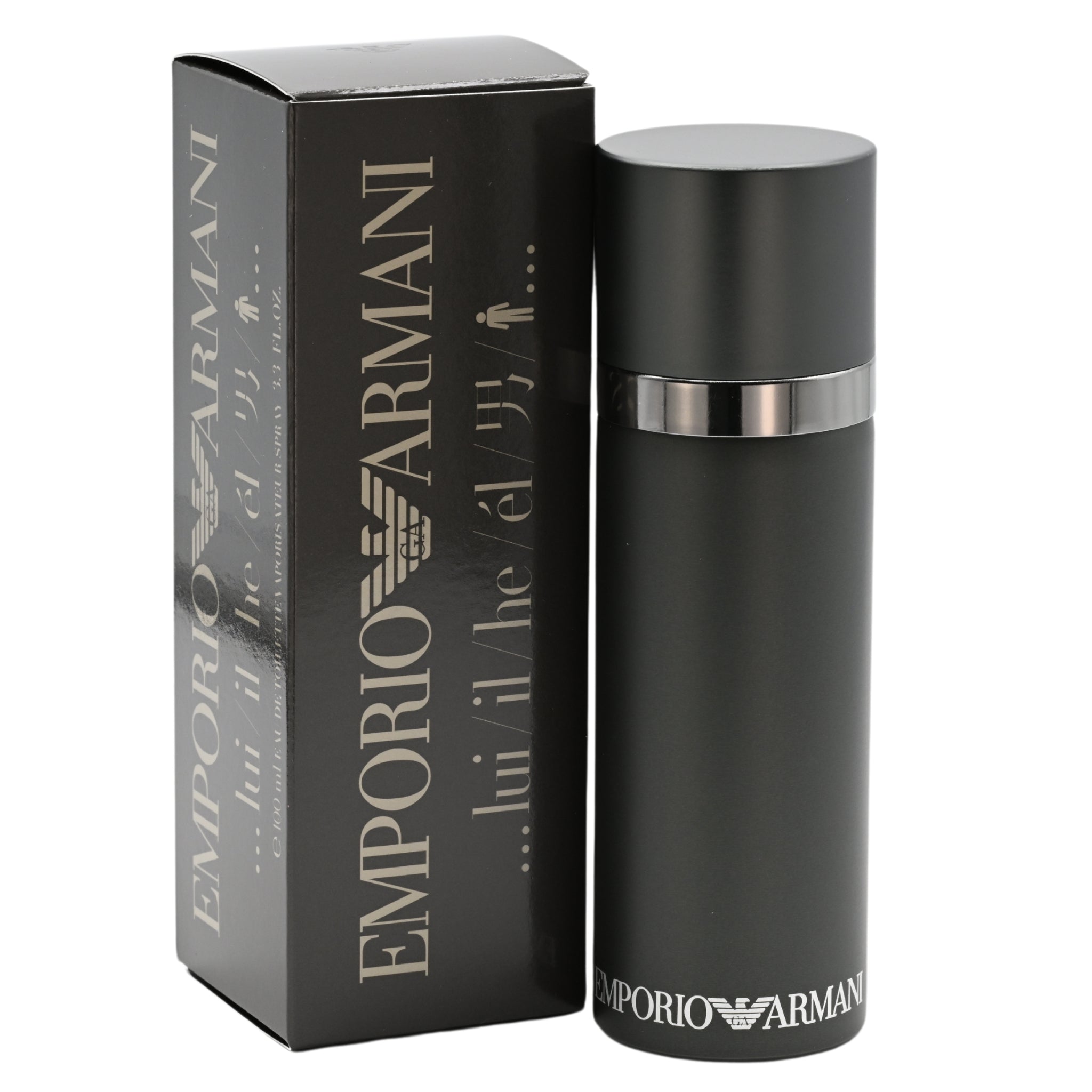 Black Emporio Armani 3.3 / 3.4 oz perfume bottle with packaging on a white background