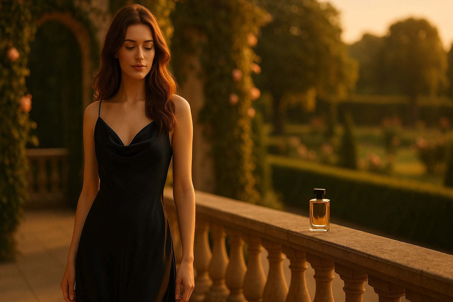 Woman in a black dress standing on a balcony with a glass of red wine, surrounded by greenery.