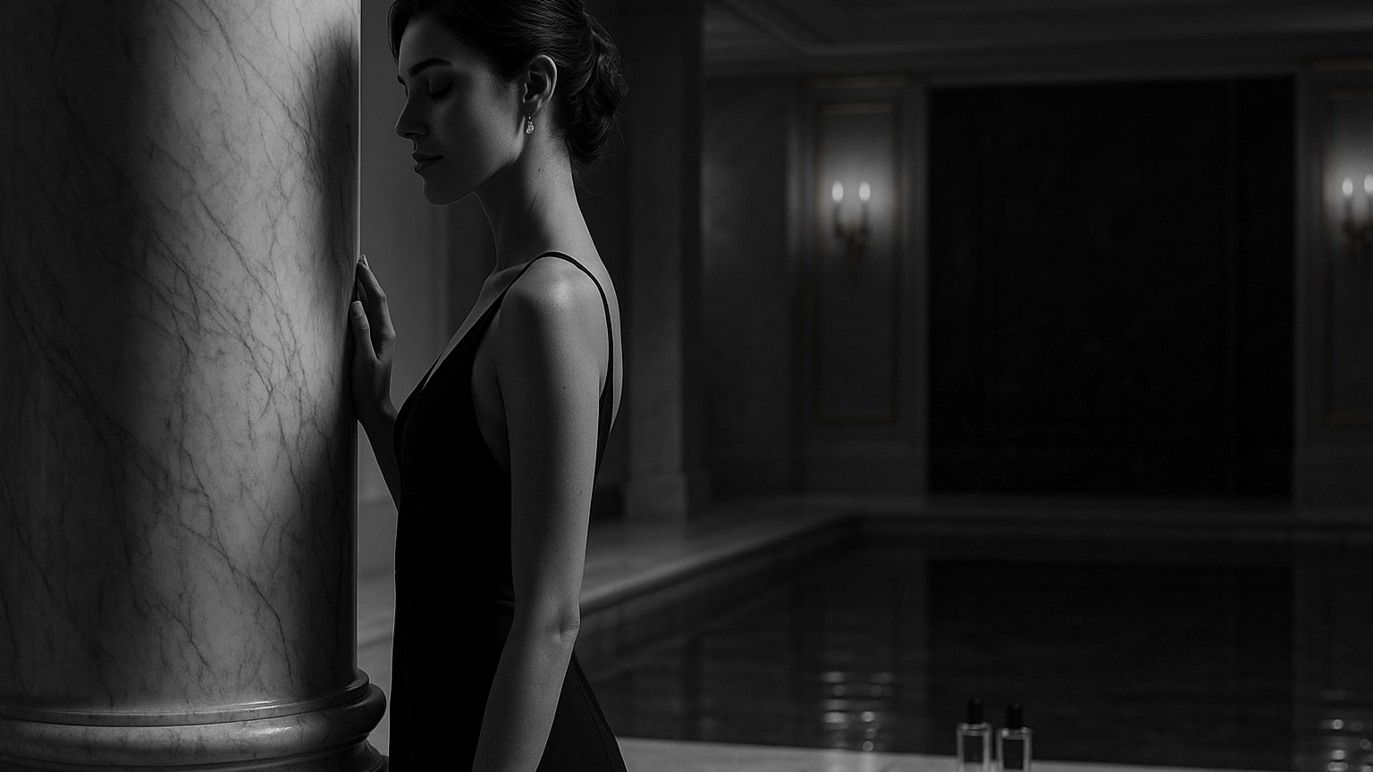 Woman in a black dress standing by a marble column in a dimly lit room.