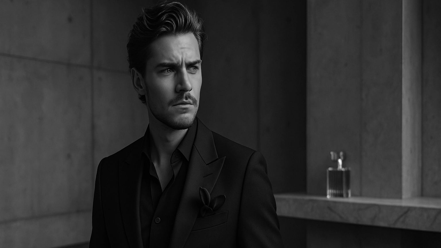 Man in a dark suit standing in a dimly lit room with a bottle of perfume on a shelf.