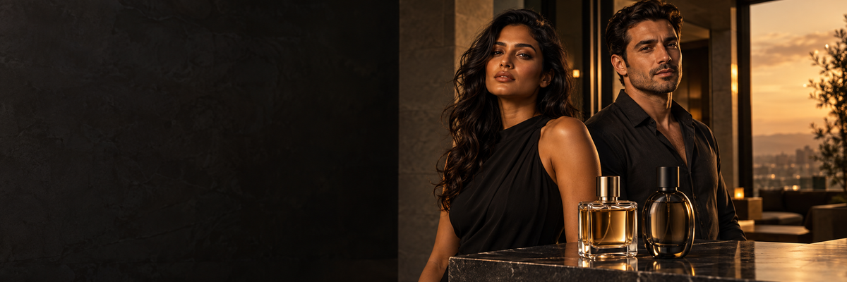 Woman and man in warm evening light beside two unbranded fragrance bottles, with a charcoal background.