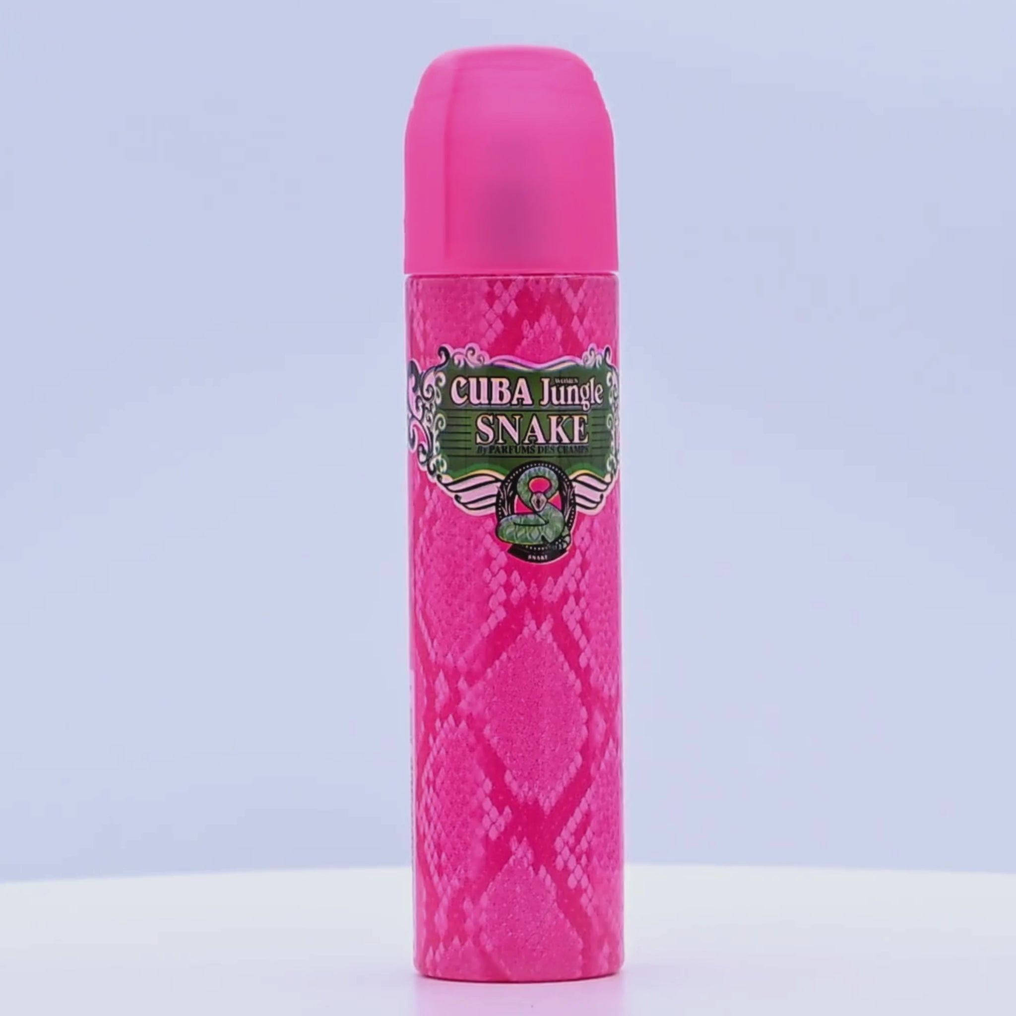 Pink perfume bottle with snake pattern and 'Jungle Snake' branding rotating on a white podium