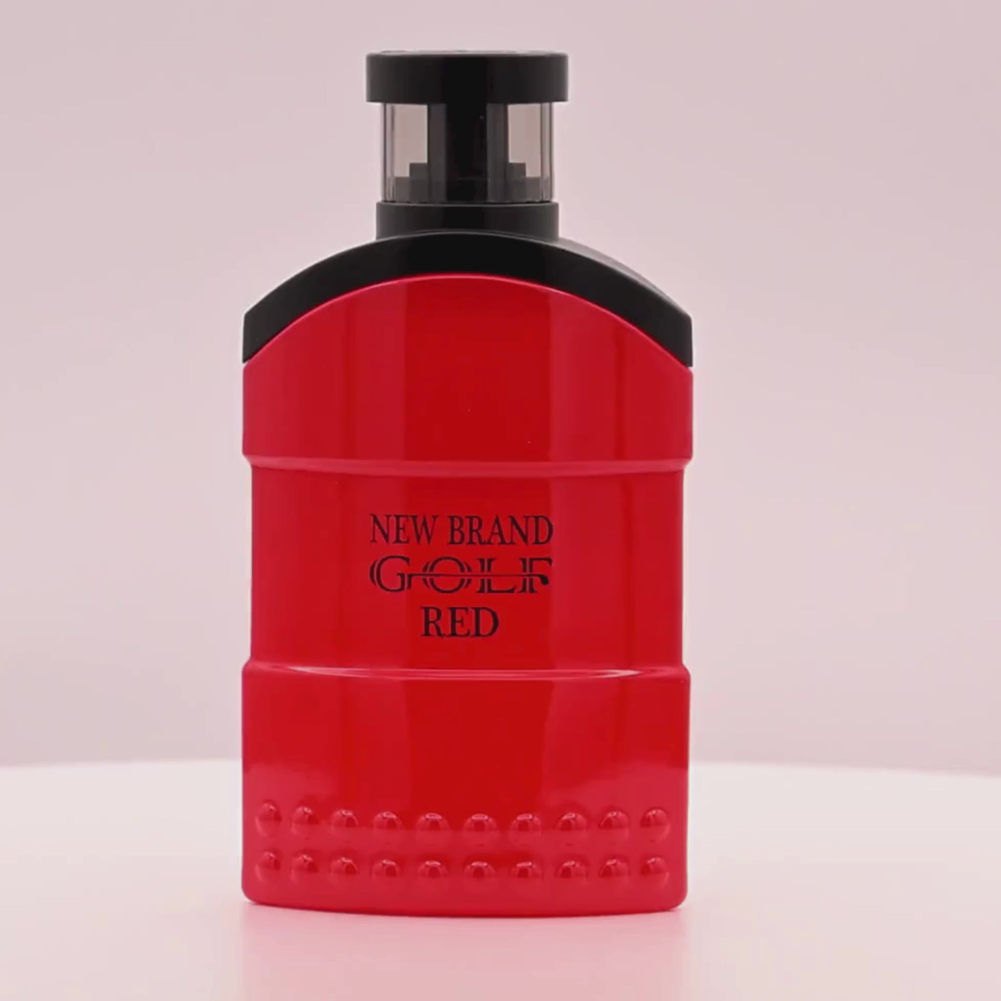 Red and black perfume bottle labeled 'New Brand Golf Red' rotating on a white podium